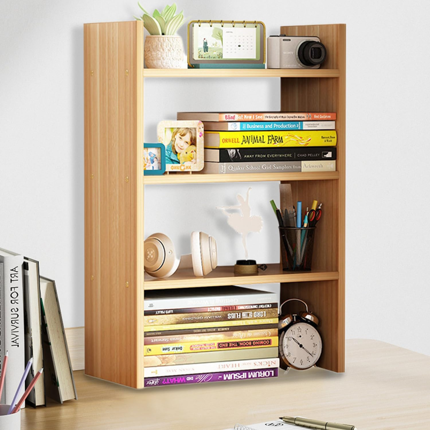 Uandhome Desktop Bookshelf,3-Tier Desktop Display Organizer Rack,Multipurpose Wood Desktop Bookshelf Storage Organizer for Dorm Office Home(White) (White)