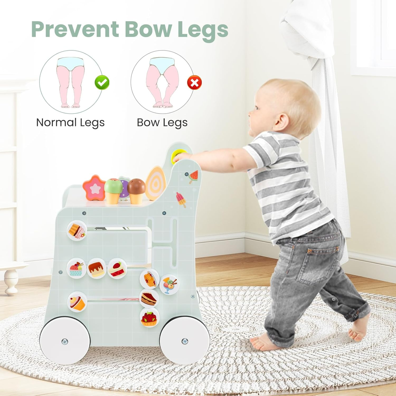 INFANS 6 in 1 Wooden Baby Walker, Play Kitchen Playset, Toddler Push Learning Activity with Wheels Shape Sorter Movable Slider, Montessori Educational Toy for Girls Boys 1-3 Years image number 5