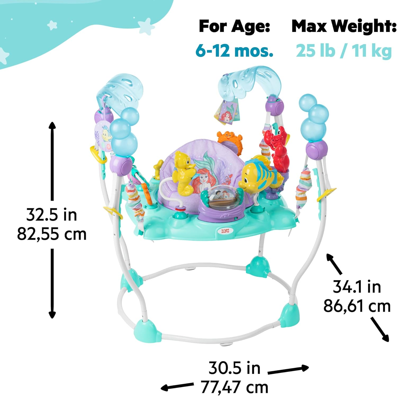 Bright Starts Disney the Little Mermaid Sea of Activities Baby Activity Jumper with Interactive Toys, Lights & Music with Disney Princess Ariel, 6-12 Months (Blue) image number 1