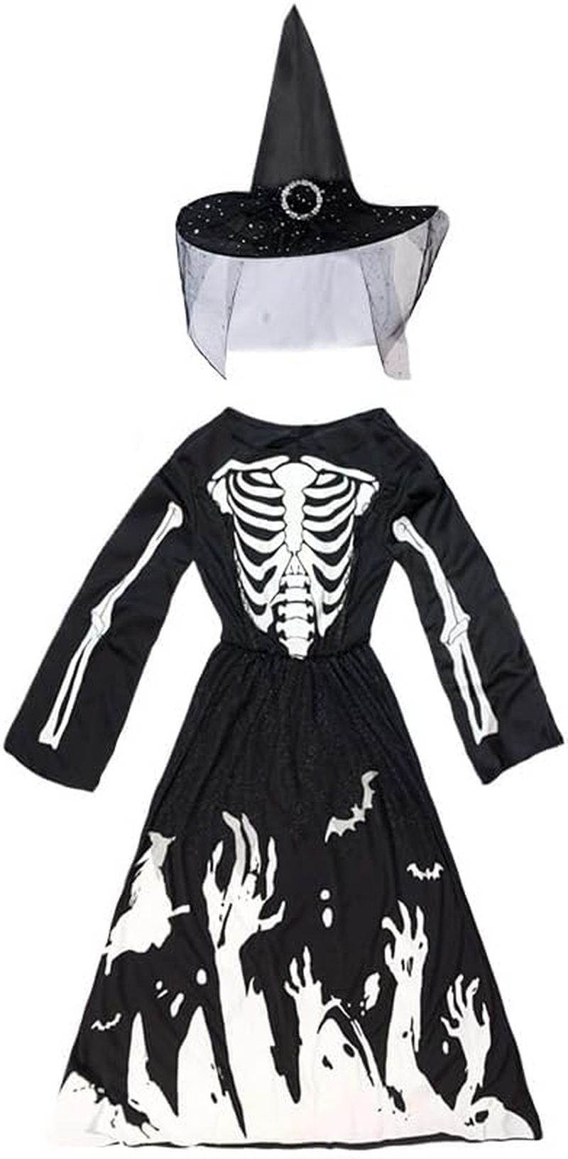 Halloween Skeleton Witch Costume with Pointed Hat,Glow in the Dark,Halloween Holiday Dress Long Sleeve for Girls image number 3