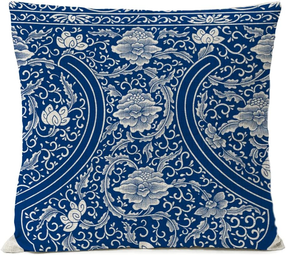 FUNHOM Blue Flowers Pillow Covers 18X18 Set of 4 Leaf Floral Linen Pillow Cover Home Decorative Sofa Leaves Vintage Pillow Cases Cushion Cover image number 6