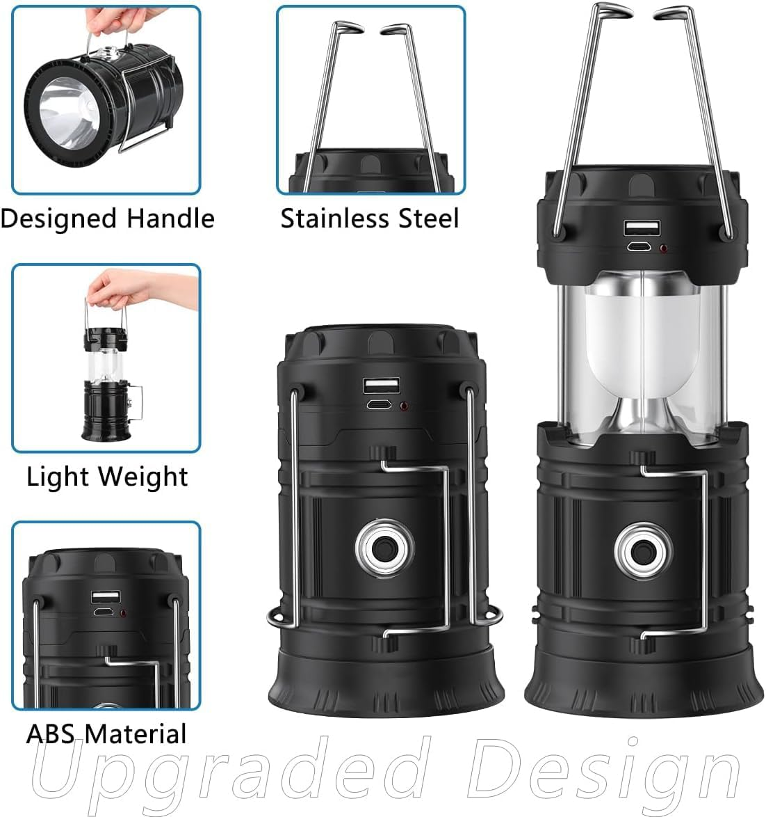 2025 Upgrade Solar Powered Camping Lantern, Flashlights Charging for Phone, USB Rechargeable LED Camping Lantern, Collapsible & Portable for Emergency, Hurricanes, Power Outage, Storm (Black*1) image number 6