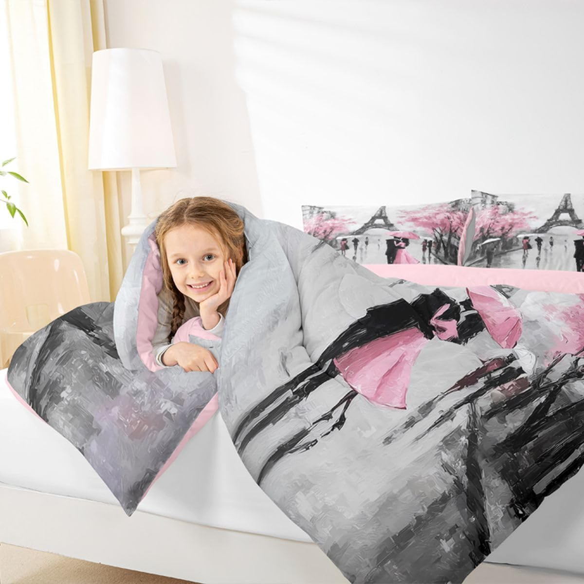Erosebridal Eiffel Tower Comforter Sets Full Size,Pink Flowers Umbrella Bedding Set for Kids Girls Teens Women,Romantic Paris Duvet Sets,Retro City Building down Comforter with 2 Pillow Cases Grey image number 6