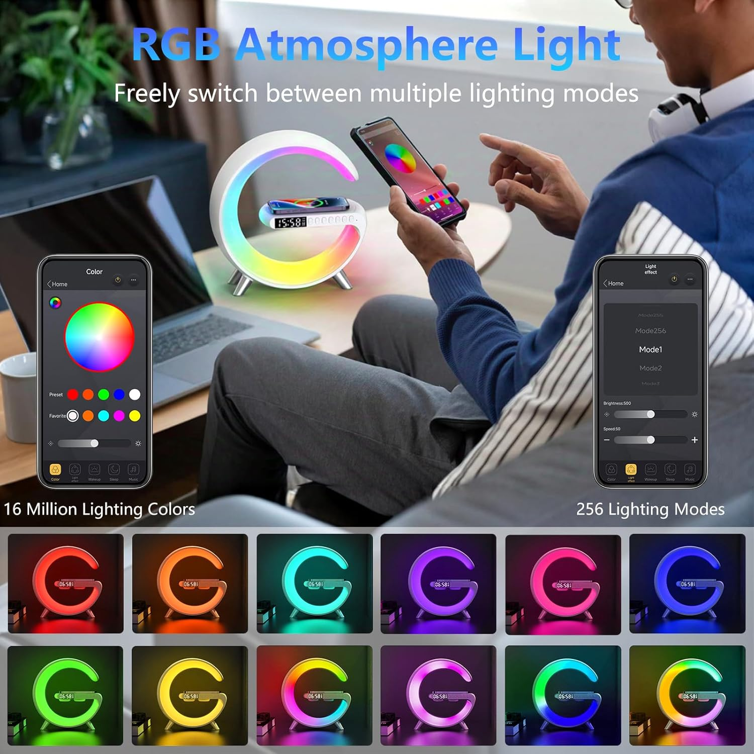 Smart LED Table Lamp, Wireless Charger Atmosphere Lamp, 4-In-1 Wireless Charger, Night Light, Alarm Clock, and Bluetooth Speaker with App Control, Night Lamp for Home Decor, Bedroom, Office image number 2