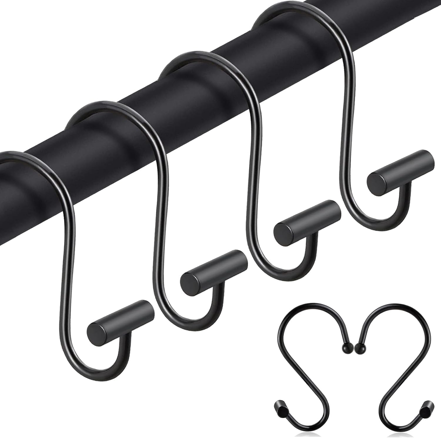 12 Pack Shower Curtain Hooks,Black Shower Curtain Hooks, Metal Durable Rust Proof, Smooth Glide S Hook for Bathroom, Shower Hook for Spa Center, Kitchen & Wardrobe S Hooks for Hanging (Black) image number 2