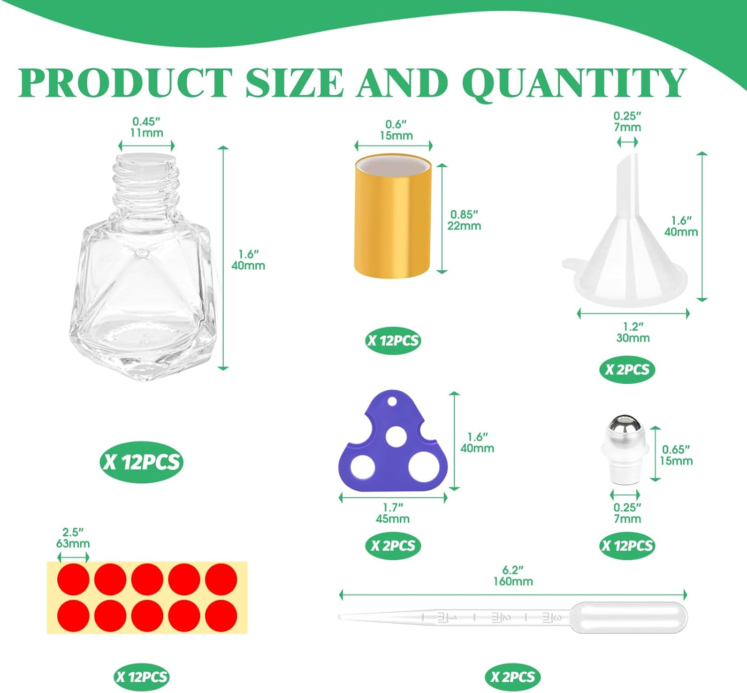 Yauhar 30Pcs 8Ml/0.27Oz Travel Essential Oil Roll on Bottle with Stainless Steel Ball Gold Cap Set Contains Polygonal Clear Glass Roller Bottle, Openers, Droppers, Funnels and Labels image number 5
