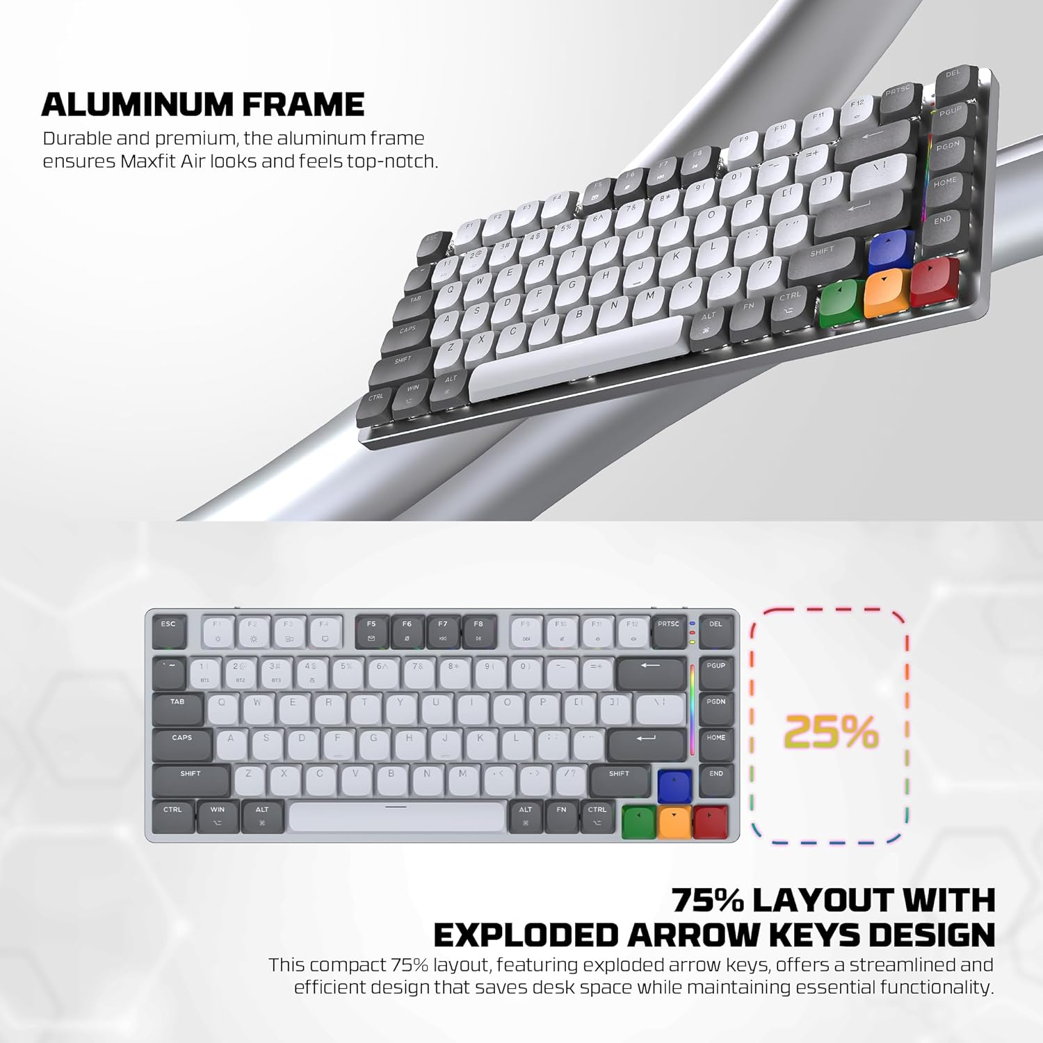 Fantech MK915 75% Wireless Mechanical Keyboard, Aluminum Frame Ultra-Thin Tri-Mode Connection Low Profile Ergonomic Keyboard PBT Double Shot Keycaps for Windows/Mac (Super Maxfit AIR83) (Brown Switch)