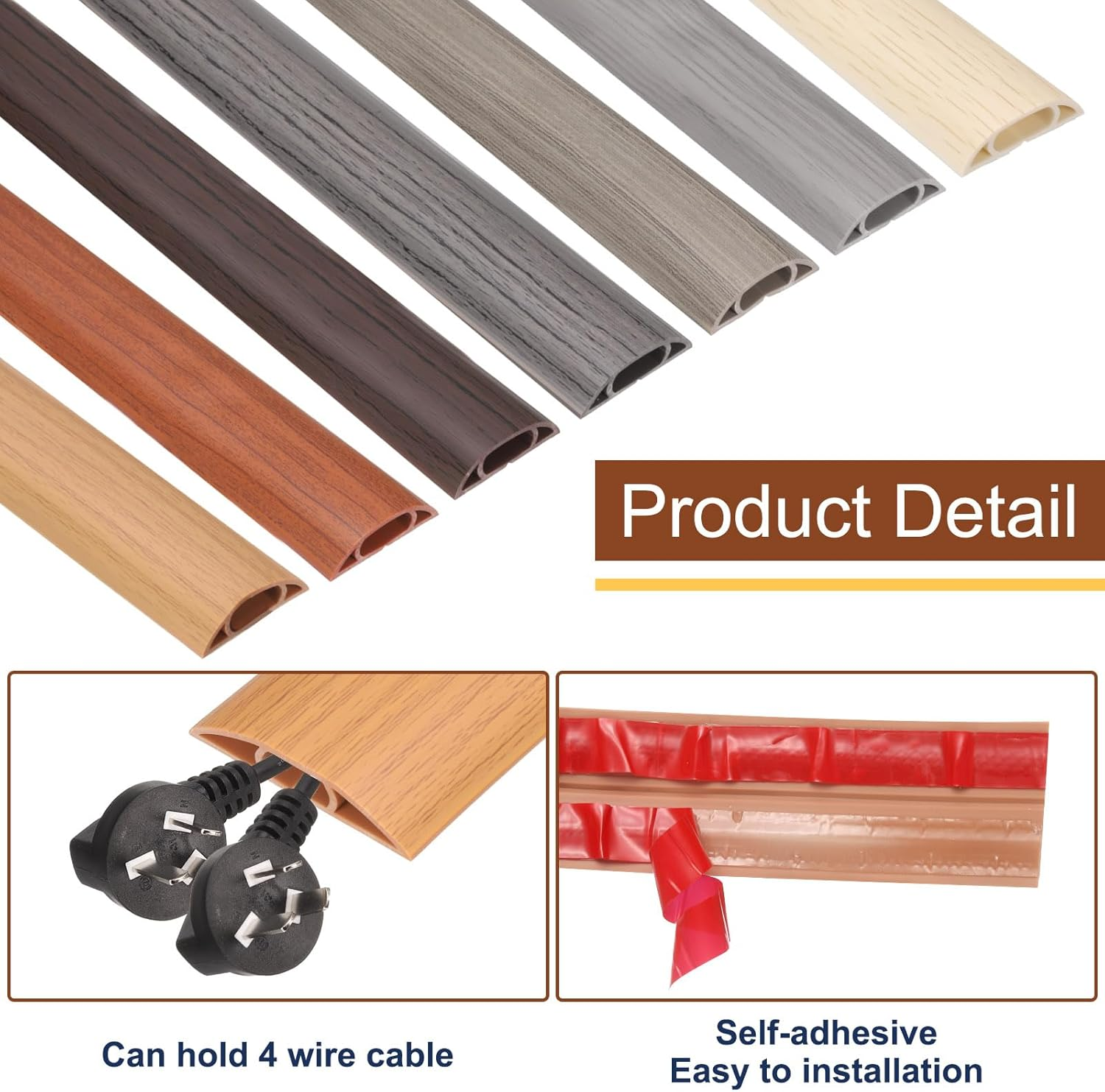 HARFINGTON 4Ft Cord Cover Floor W0.6 X H0.33 Inner Channel PVC Hide Extension Cable Floor Wire Hider Wire Covers Protector for Prevent Cable Trips Cables Management, Wood Beige image number 1