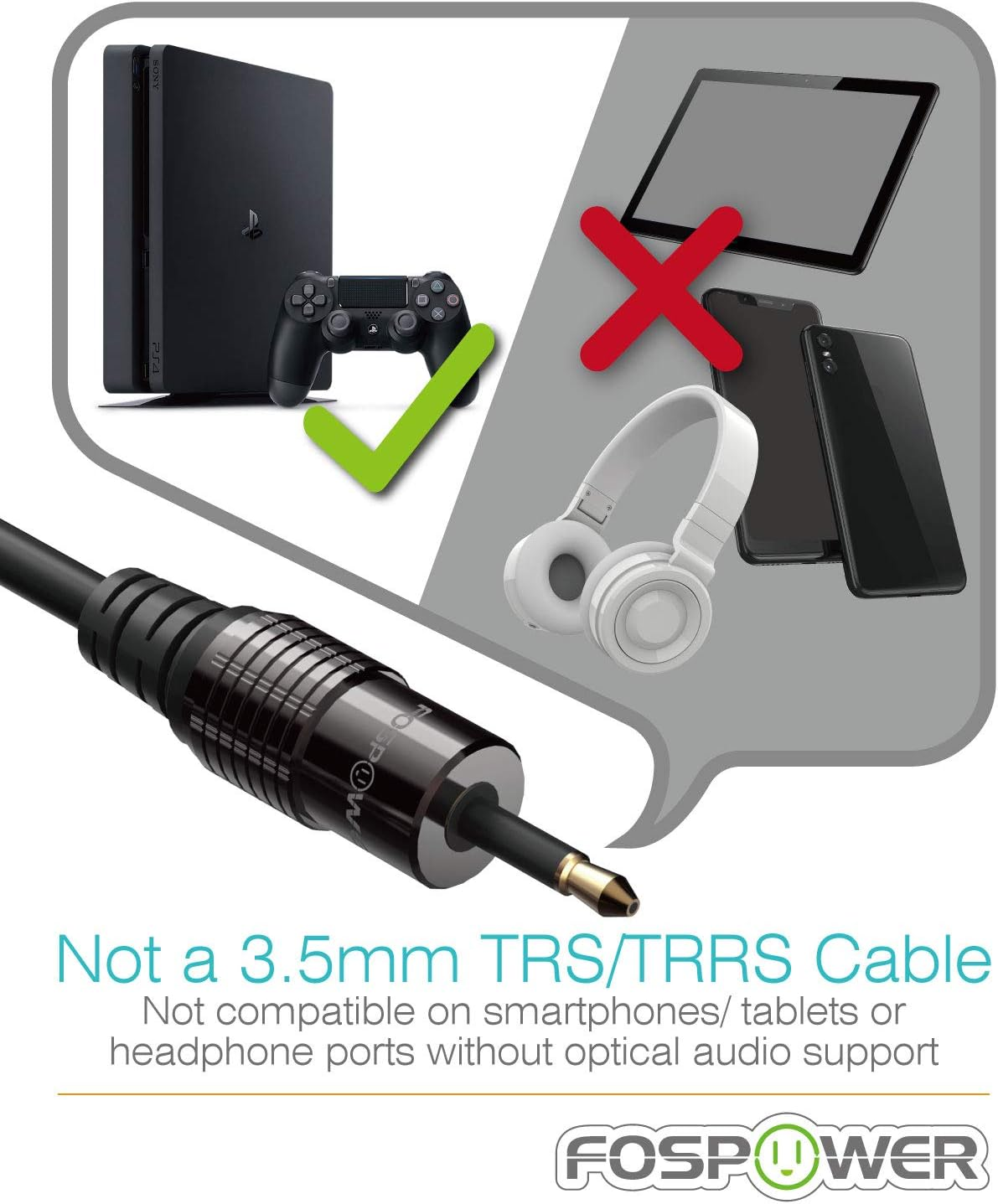 Fospower (0.9M / 3FT) 24K Gold Plated Toslink to Mini Toslink Digital Optical S/PDIF Audio Cable with Metal Connectors & Strain-Relief PVC Jacket image number 5