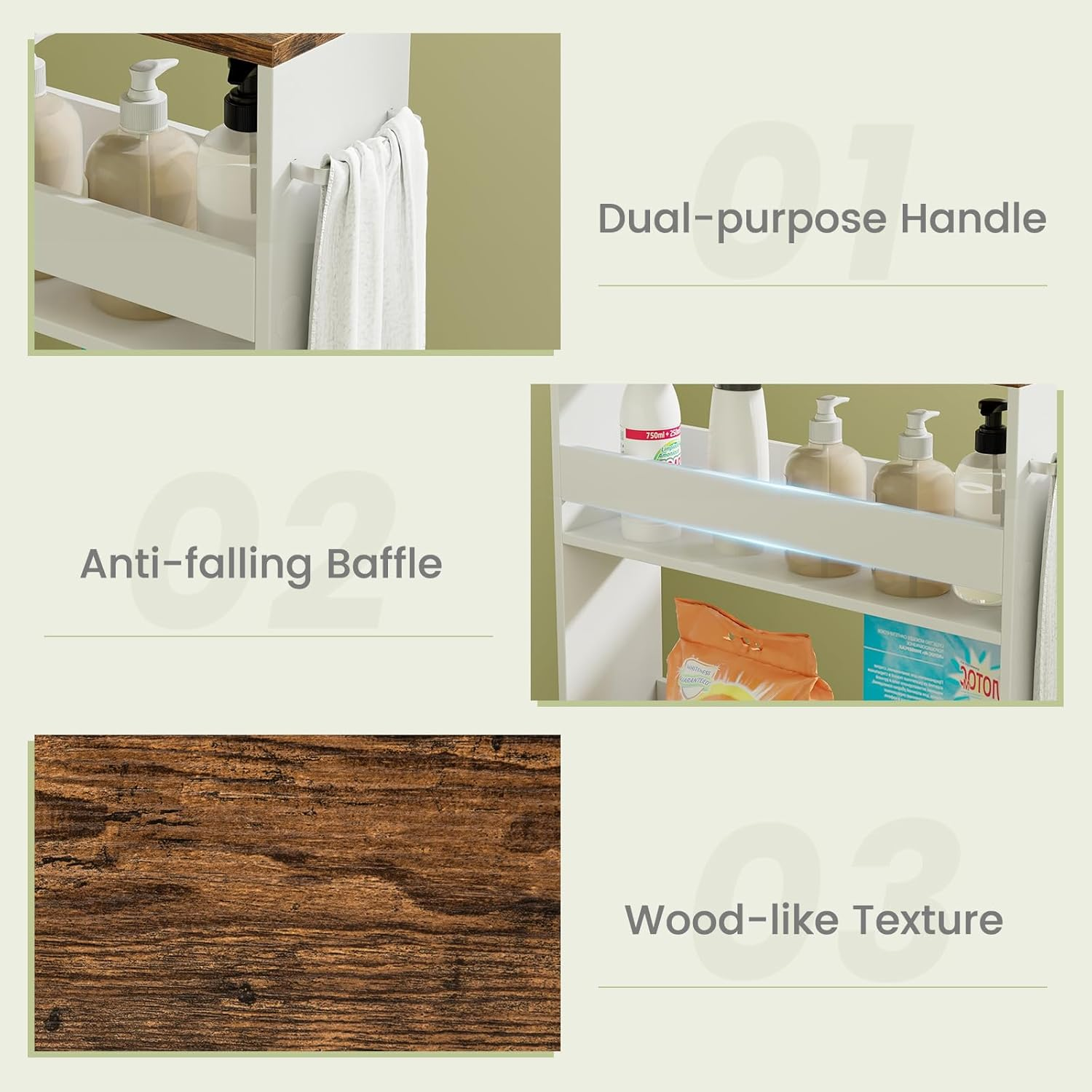 Costway Slim Storage Cart W/Handle, 4-Tier Slide Out Utility Cart, Shelving Unit Organizer Trolley for Narrow Places, Perfect for Laundry, Kitchen, Living Room (Rustic Brown+White)