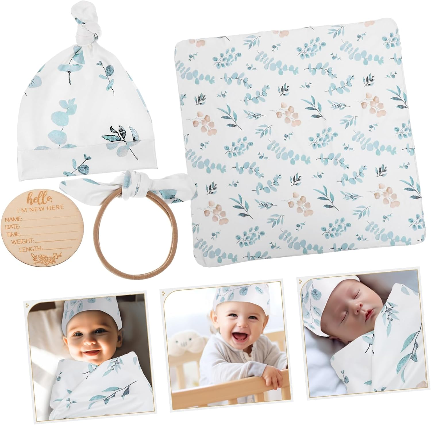 INOOMP 1Set Newborn with Hat and Headband Essentials for Boy Girl Includes Eucalyptus Design and Sign image number 1