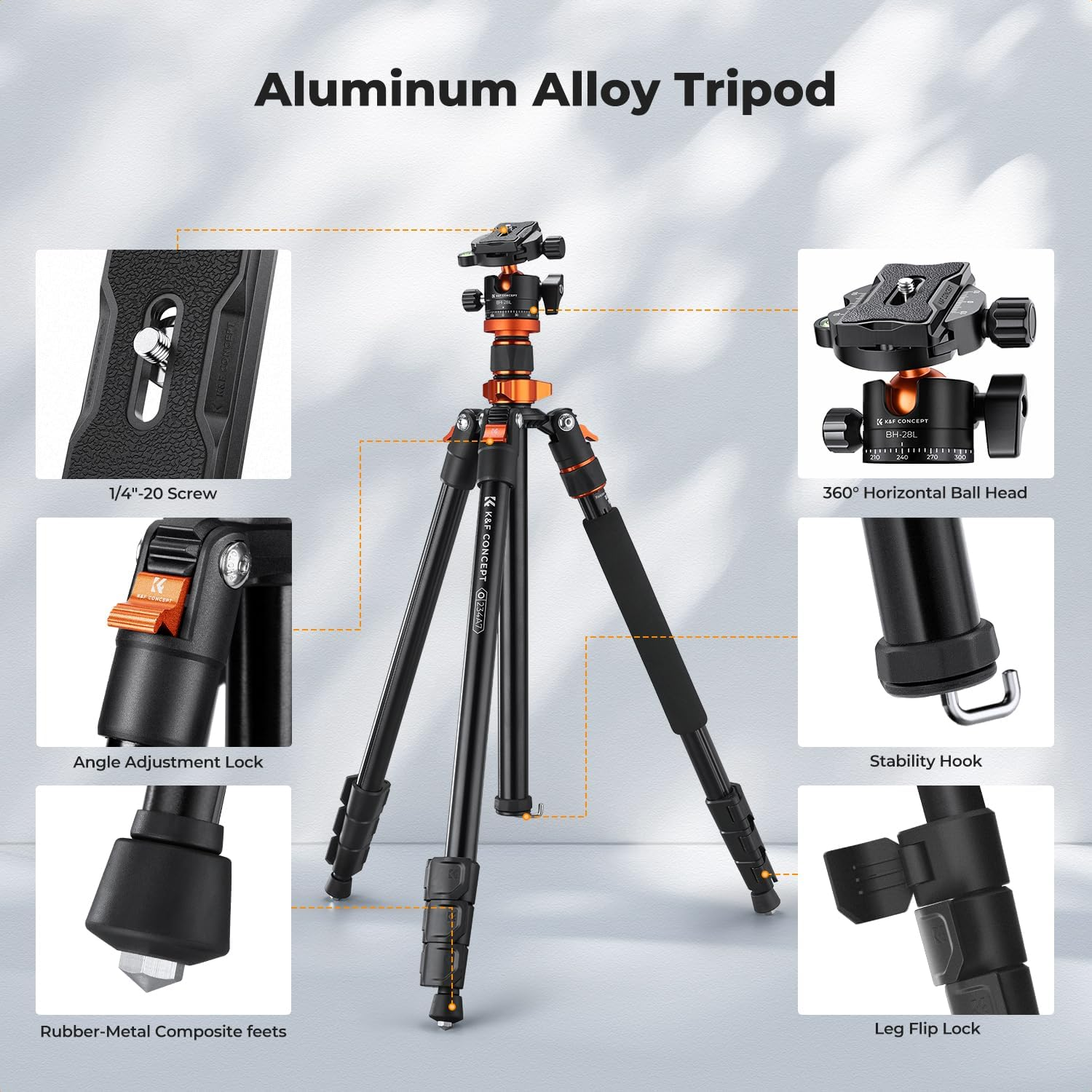K&F CONCEPT 78 Inch/200Cm Camera Tripod, DSLR Compact Aluminum Tripod Monopod with 360 Degree Ball Head Load Capacity 10KG for Travel Indoor Outdoor Use, K234A7+BH-28L (S210+KF28) image number 5