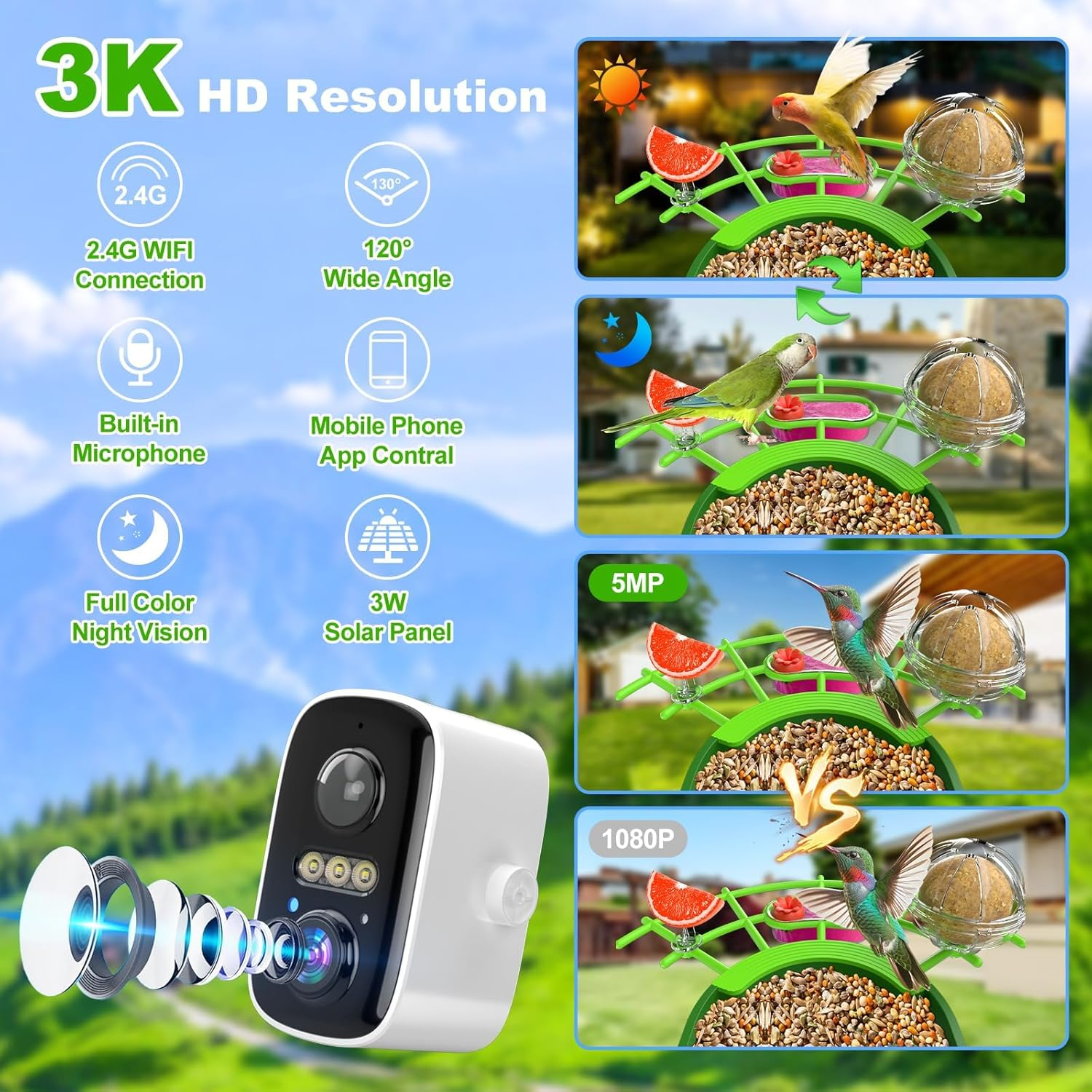 Bird Feeder with Camera, Solar Powered, AI Identifies 11,000+ Bird Species, IP66 Weatherproof, Auto Capture 3K HD Birds Video, Bird House with Cam, Outdoor Bird Feeder, Ideal Gifts for Bird Lover image number 5