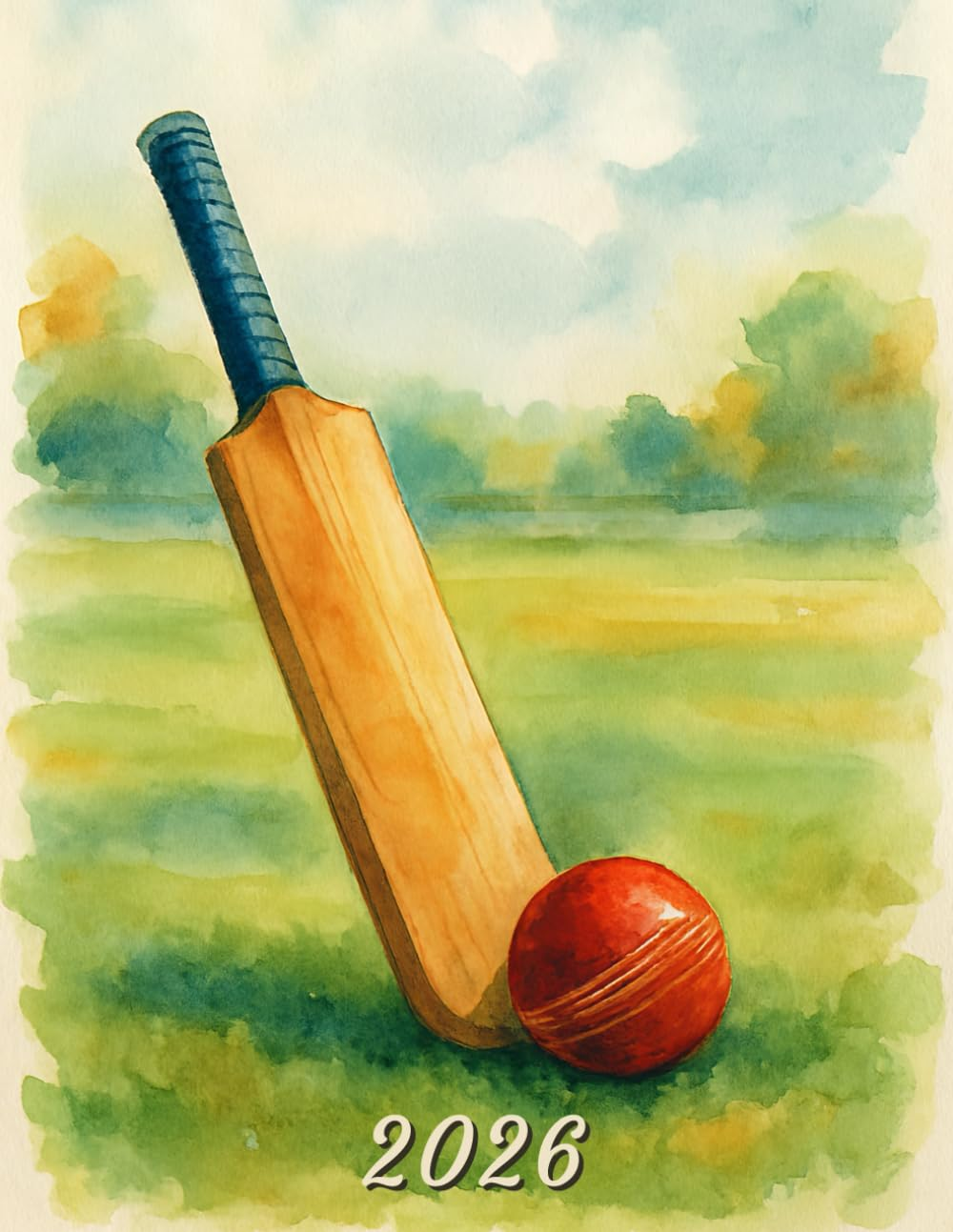 2026: Large Monthly Calendar Planner &ndash; Watercolor Cricket Bat and Ball