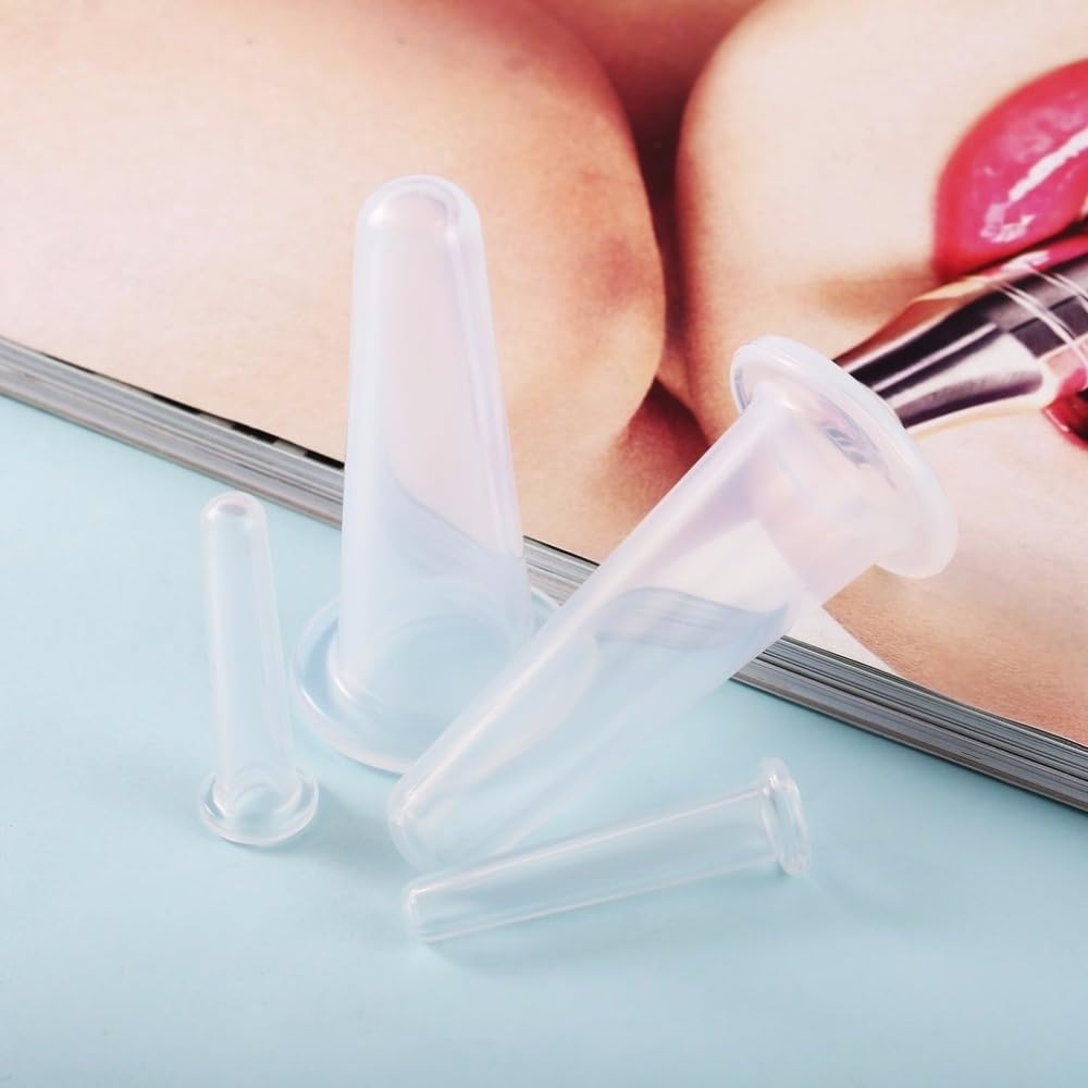 4 Pcs Silicone Facial Cupping Therapy Set Vacuum Massage Cup Kit Body Cupping Cup Set for Face Neck Back Eyes Massage Vacuum Cans Suction anti Cellulite Massager Health Care (White) - Blue image number 4