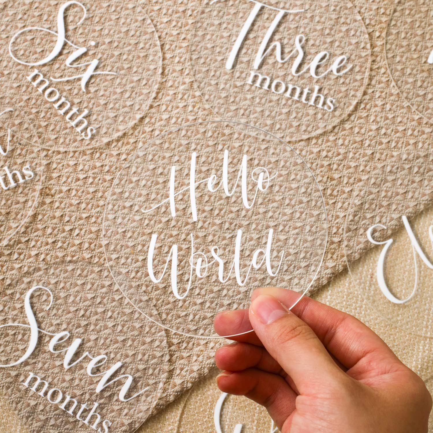 UNIQOOO 13Pcs 4'' Clear Acrylic Monthly Baby Milestone Printed Cards, Photo Props, round Baby Months Growth Sign for Boy, Girl Photography, One Month to One Year & Hello World Card, New Baby Gifts