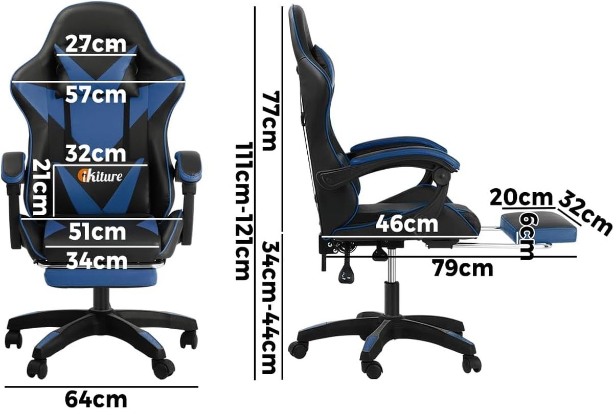 Oikiture Home Gaming Chair Executive Computer Desk Chair with Footrest and Lumbar Pillow Massage Office Chair Black and Blue image number 3