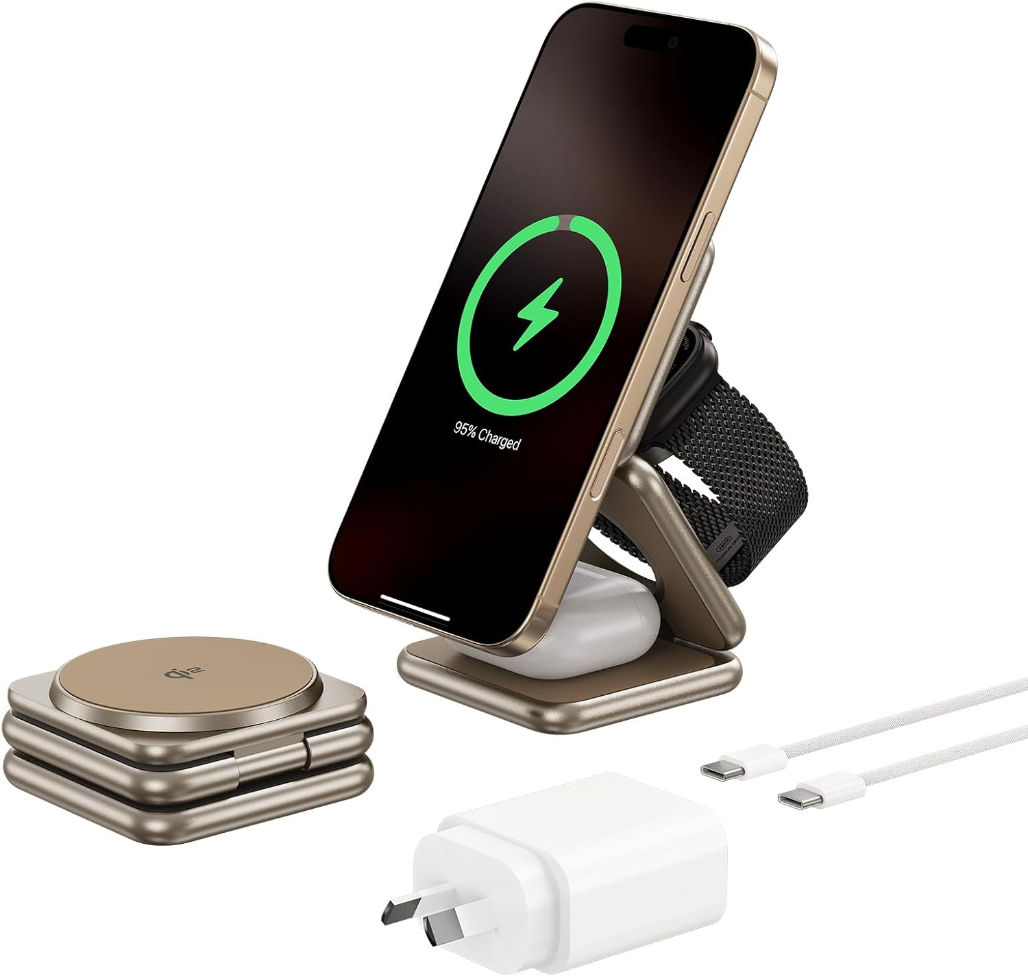 KU XIU X40 Turbo Qi2 25W Magnetic Wireless Charger, Foldable 3-In-1 Wireless Charging Station for Iphone 17/16/15/14/13/12, 5W for Apple Watch & Airpods, Aluminum Alloy Design, 45W Adapter Included