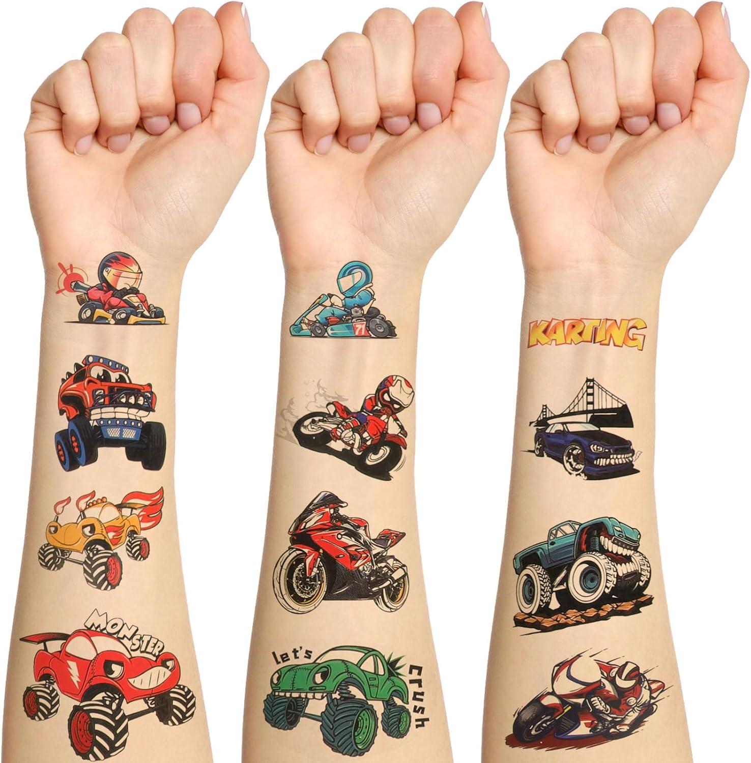 CCINEE 12 Sheets Monster Truck Temporary Tattoos for Kids,93 Pcs Luminous Groovy Racing Car Trophy Wheel Checkered Flag Tattoo Stickers for Birthday Party Supplies Classroom Rewards image number 2