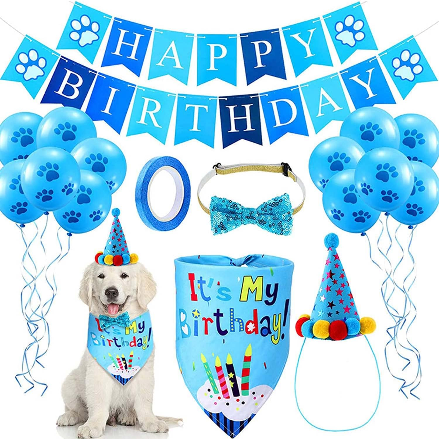 Dog Birthday Bandana Set, with Cute Doggie Birthday Party Hat and Bow Tie, for Cat and Dog Decoration(Blue) image number 3