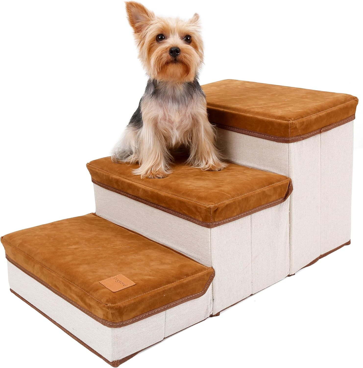 Foldable 3-Step Pet Stairs for Small Dogs & Cats - High-Density Ramp with Storage Box & Non-Slip Base, Perfect for Gifts (Brown)