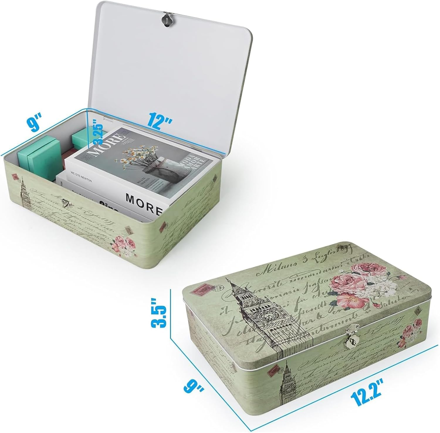 Dreamseden Storage Box Set with Lock - 12" Large Keepsake Box & 2 Handheld Tin Boxes - Decorative Container Memory Storage for Jewelry, Photos, Letter, Documents - Retro Home Decor Gift