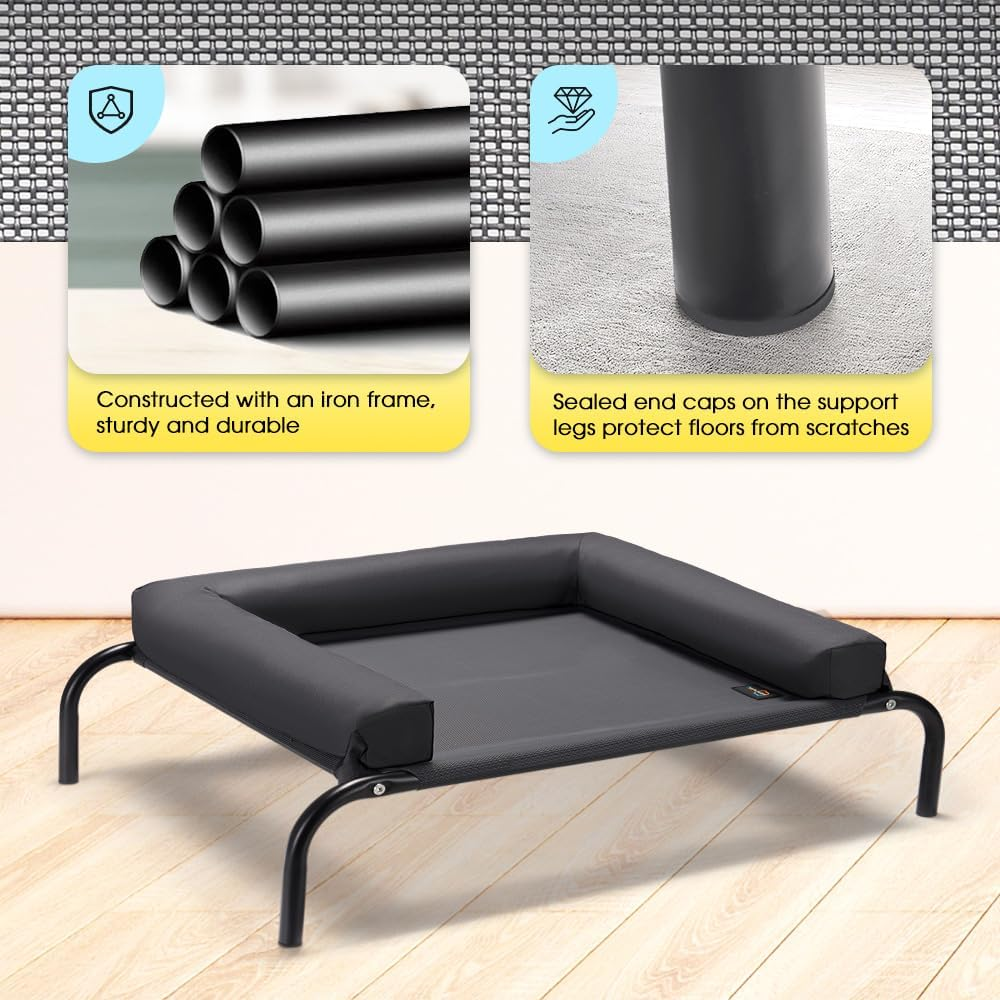 Petzly Cooling Elevated Dog Bed with Pillows, Raised Pet Bed for Large Extra Large Medium Dogs, Portable Washable Dog Cot with No-Slip Rubber Feet, Indoor & Outdoor Use, Black, Xlarge(123X90X20Cm) image number 1