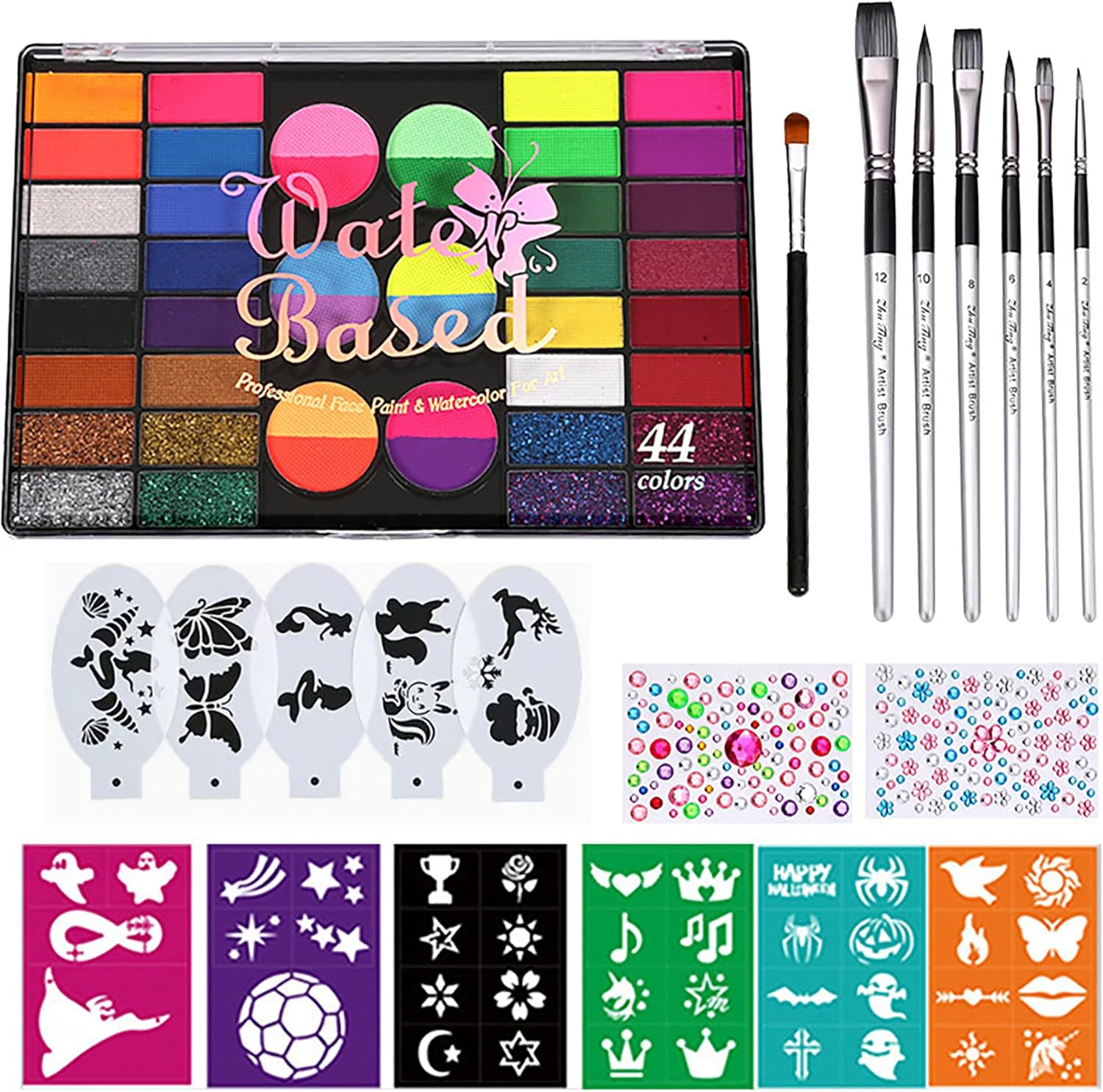 44 Color Face Paint Kit - Non-Toxic Water Based Palette with Stencils, Brushes,Glitter & Gems,Perfect for Halloween,Carnival,Parties & Festive Makeup Art