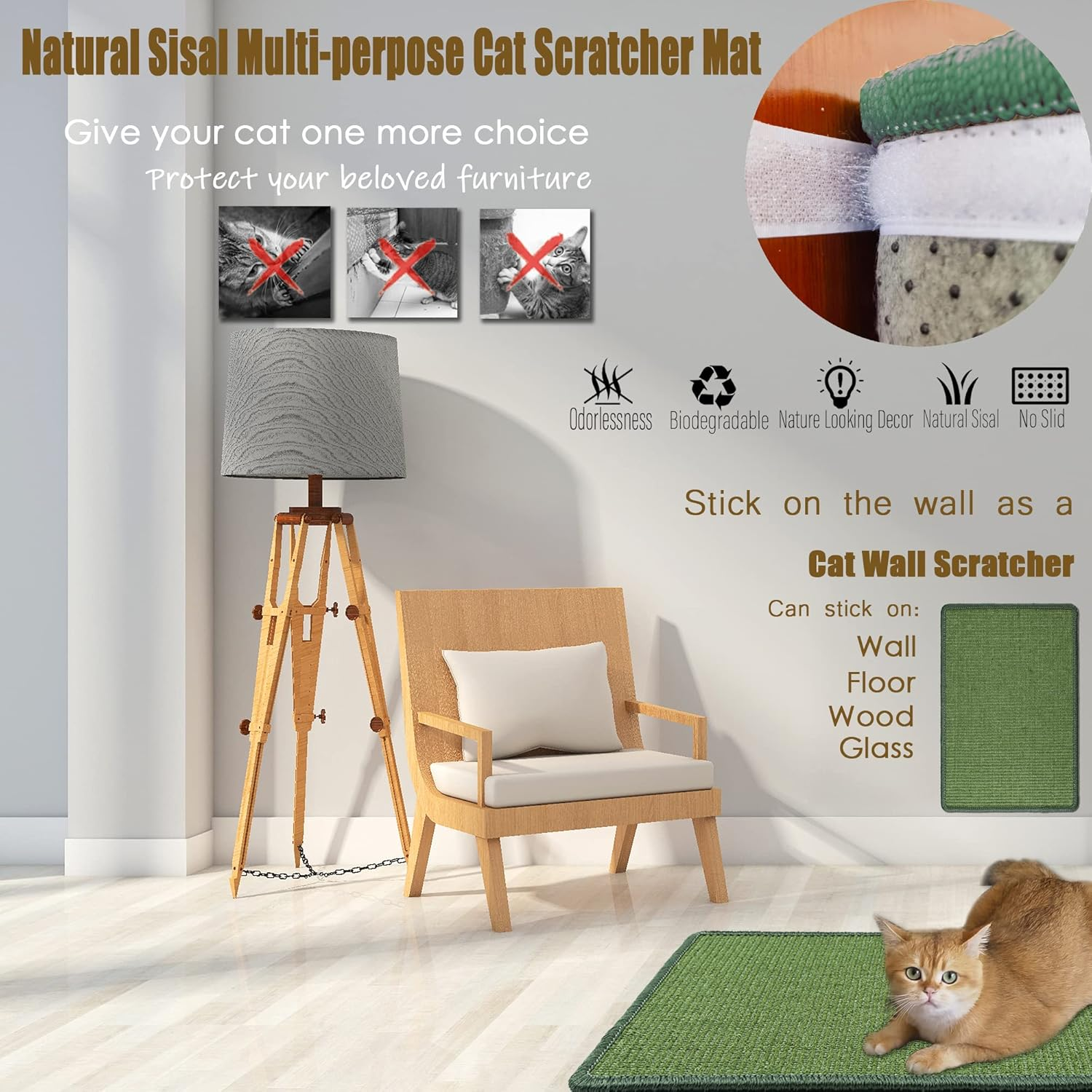 Pethave Cat Scratcher Mat, 23.6X15.7Inch Natural Sisal Cat Scratchers for Indoor Cats with Velcro,Stick on Floor Cat Wall Scratcher,Horizontal Cat Scratch Mat Protect Furniture (Green Color)