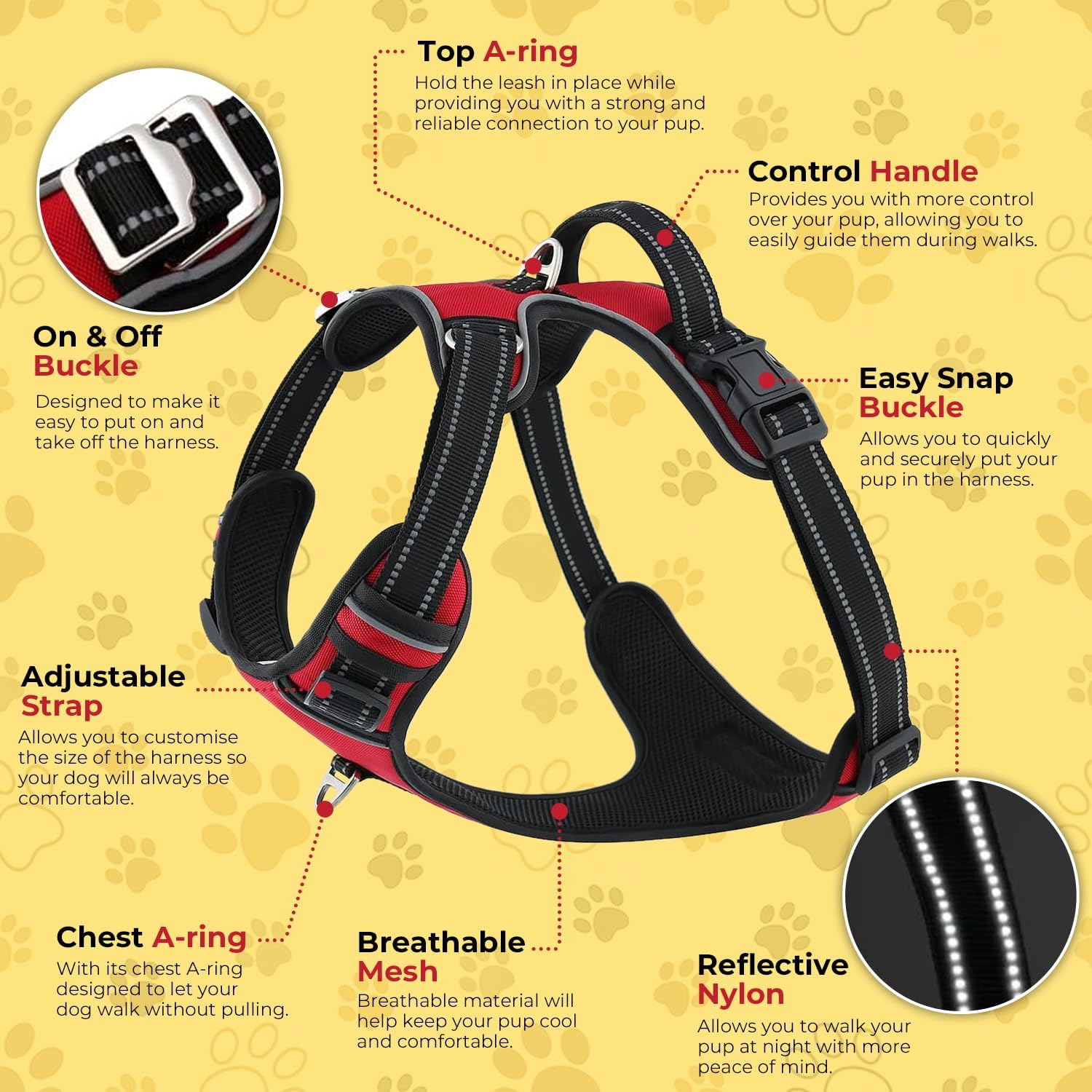 No Pull Dog Harness,Oxford Dog Vest Harness, Reflective No-Choke Pet Harness with Easy Control Soft Handle Walking Dog Harness,Double Padded, Adjustable, Small to Large Dogs Incl Bonus Leash (Red, XL) image number 4