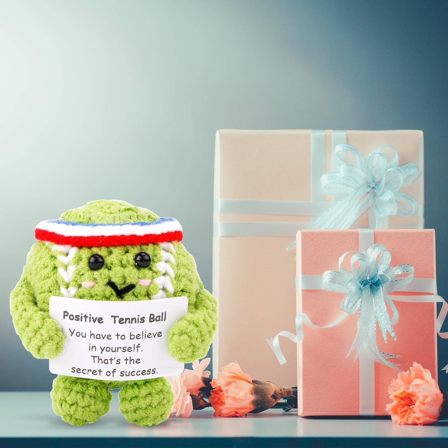 Positive Tennis Ball, Cute Funny Crochet Inspirational Tennis Ball Positive Knitted Animal Doll Crochet Toy with Positive Card for Sports Lover Friends Party Decorations