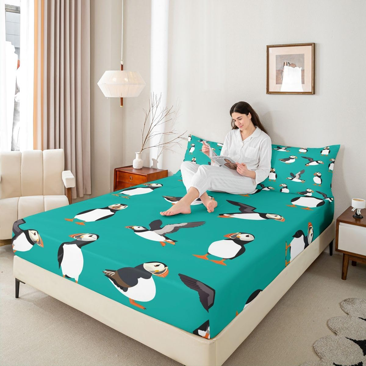 Puffin Bed Sheet Set Twin Size Puffin Bird Drawing Fitted Sheet for Kids Boys Girls Decor Cute Animal Theme Bedding Set Microfiber Polar Animal Bed Cover Bedroom image number 2