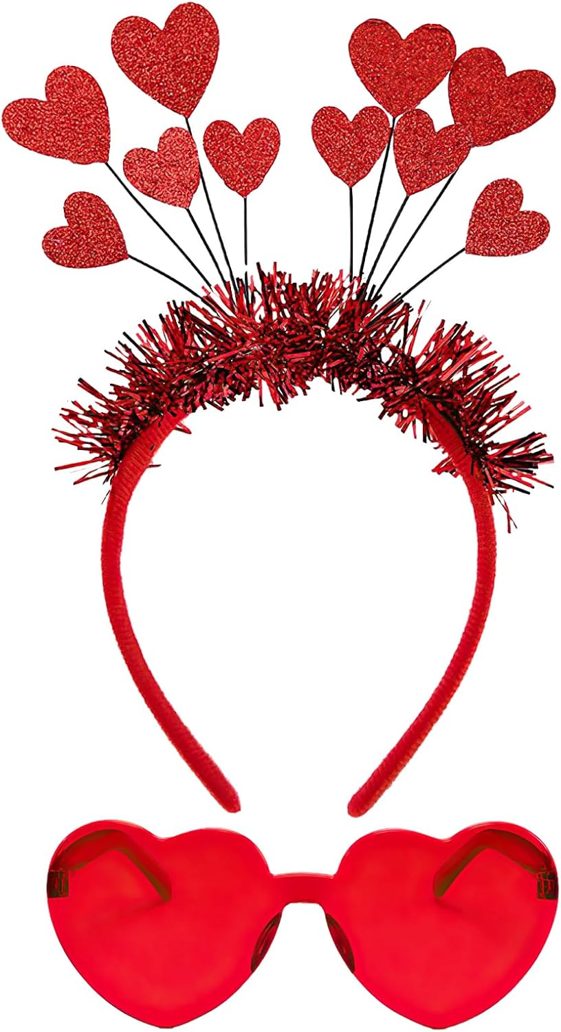 1 X Valentine'S Day Heart Headband, 1 X Rimless Heart Glasses, Red Hearts Headband Headband, Cupid Costume Women, Cupid Headband Headpiece with Glasses, for Valentine'S Party, Fancy Dress Party image number 3