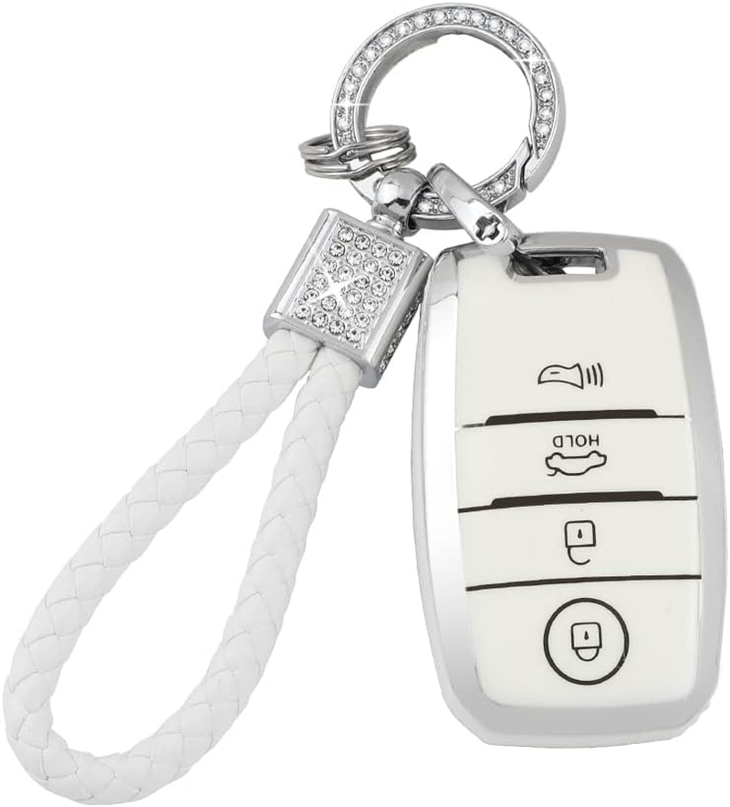 PIFOOG Lexus Key Fob Cover Bling Keychain TPU Car Keys Case Shell Protector Protection for Lexus GX ES NX LC RC LS UX Accessories 4 Buttons, White and Silver Edge, for Lexus