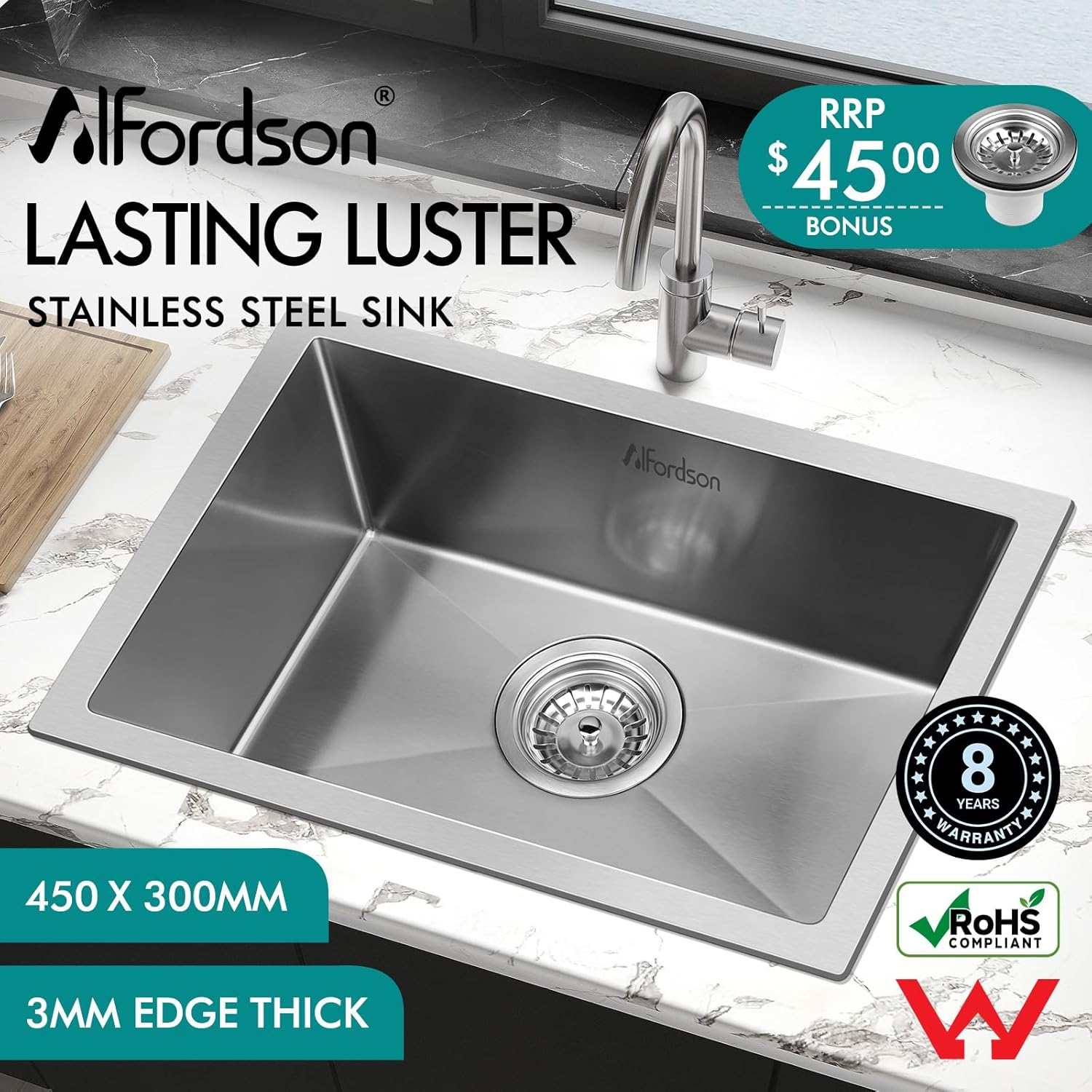 ALFORDSON 304 Stainless Steel Kitchen Sink Rectangle Shape, 450 X 300 X 220Mm, Water Basin Sinks with 3Mm Thick Edge, Single Spacious Bowl with Waste Strainer, Dishwashing Workstation, Silver Color