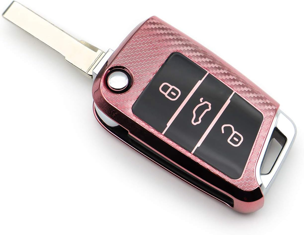 M.Jvisun Soft Carbon Fiber Finish Car Key Fob Cover for Volkswagen Atlas Golf Jetta Polo for Tiguan for Skoda Kodiaq Karoq for Audi A1 for Seat Ateca Leon Flip Key TPU Case with Keychain - Pink image number 5