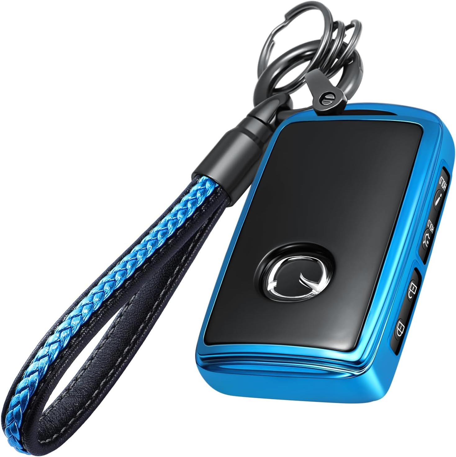 Lcyam Key Fob Cover Case with Leather Key Holder Keychain for Mazda 2024 2022 2023 3 6 CX-30 CX-5 Cx-9(Blue)