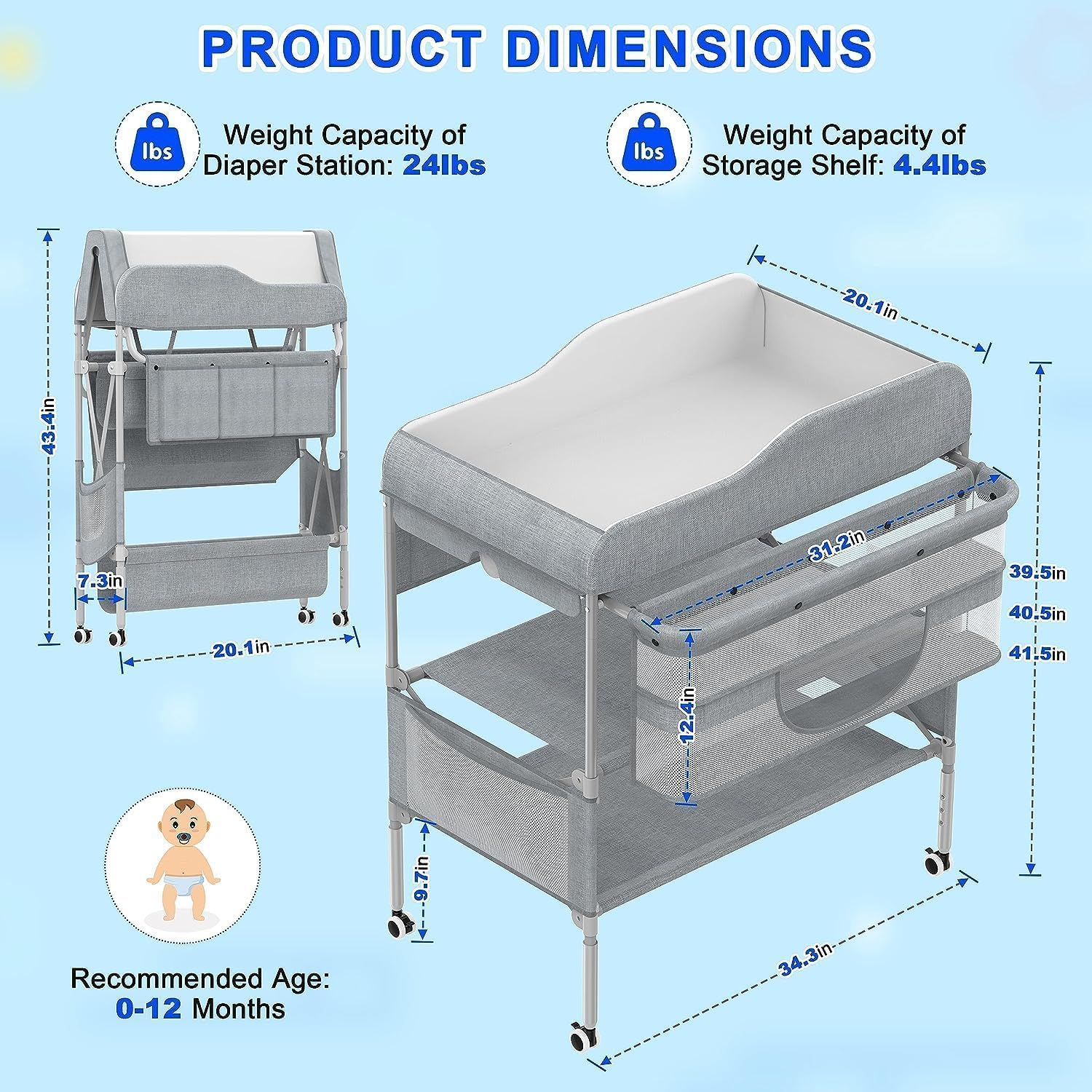 Portable Baby Changing Table,Foldable Changing Table Dresser Baby Changing Station with 2 Basket for Essentials, 3 Position Height Adjustable for Infant Newborn image number 6