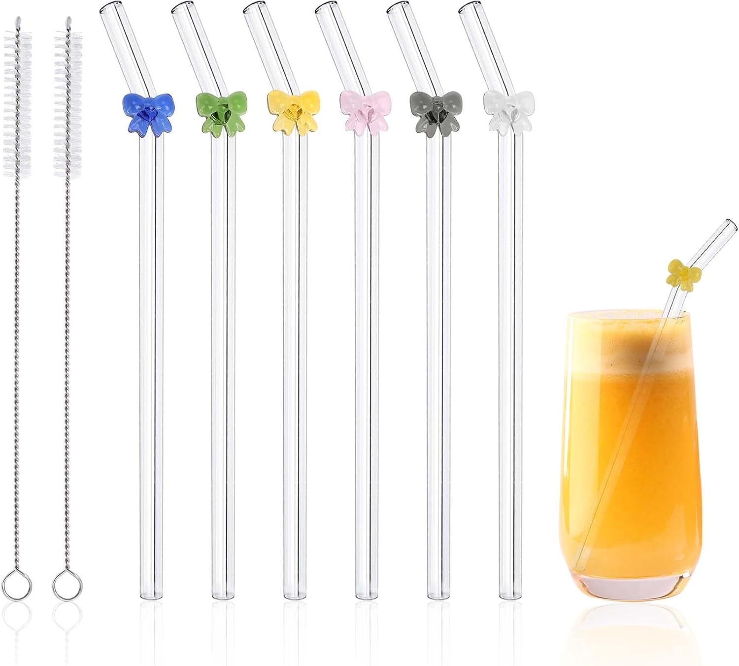 DUMING-IN 6 Pcs Reusable Glass Straws with 2 Cleaning Brushes, Cute Colorful Bow Glass Straws Shatter Resistant, Reusable Straw Dishwasher Safe for Juices, Smoothies, Milkshakes, Teas