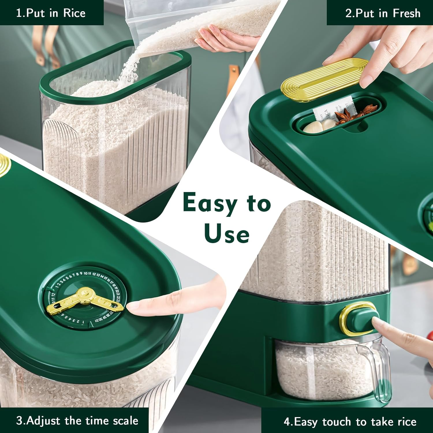 Lenwi 22 Lbs Rice Dispenser, Large Dry Food Storage Container with Measuring Cup & Time Scale, Food Dispenser Kitchen Organization and Pantry Store for Cereal Dry Food (Green) - Blue image number 2