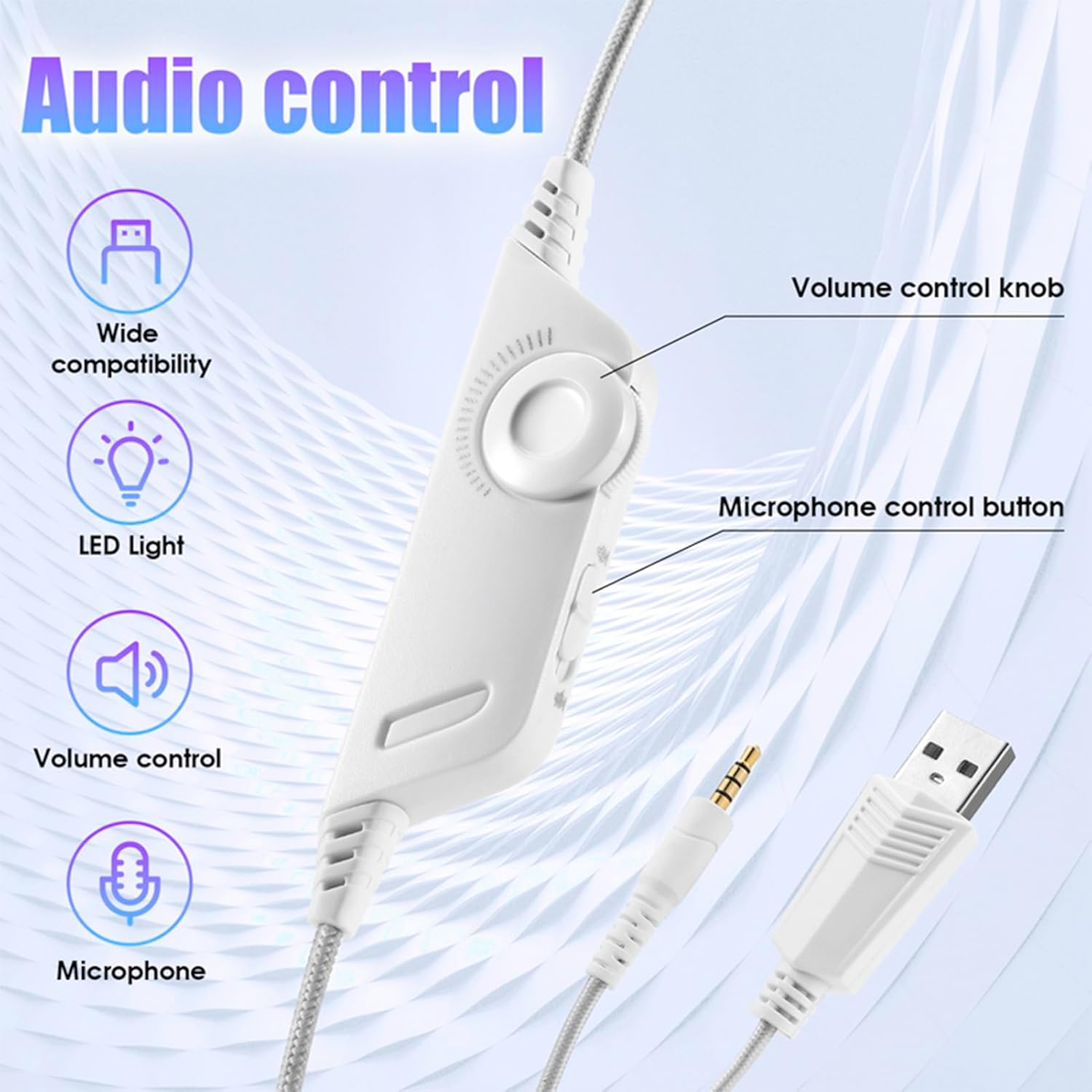 Plyisty USB Gaming Headset for PC, Noise Cancelling over Ear Headphones with Mic, LED Light, Wired Computer Headset for Laptop, Office (White) - White image number 3