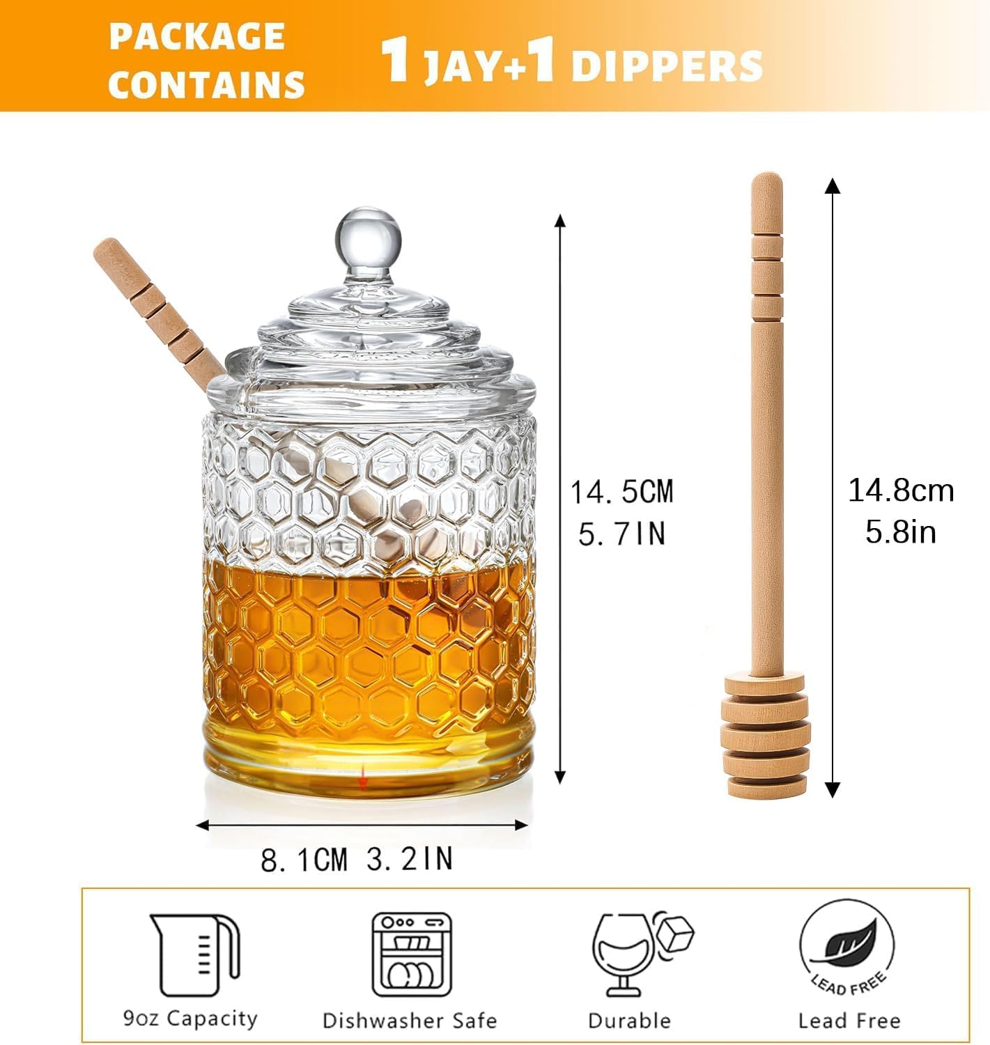 Kanpura Clear Crystal Honey Pot with Dipper and Lid Glass Honey Jar with Dispenser Honey Holder and Syrup Container for Home Kitchen,9 Oz