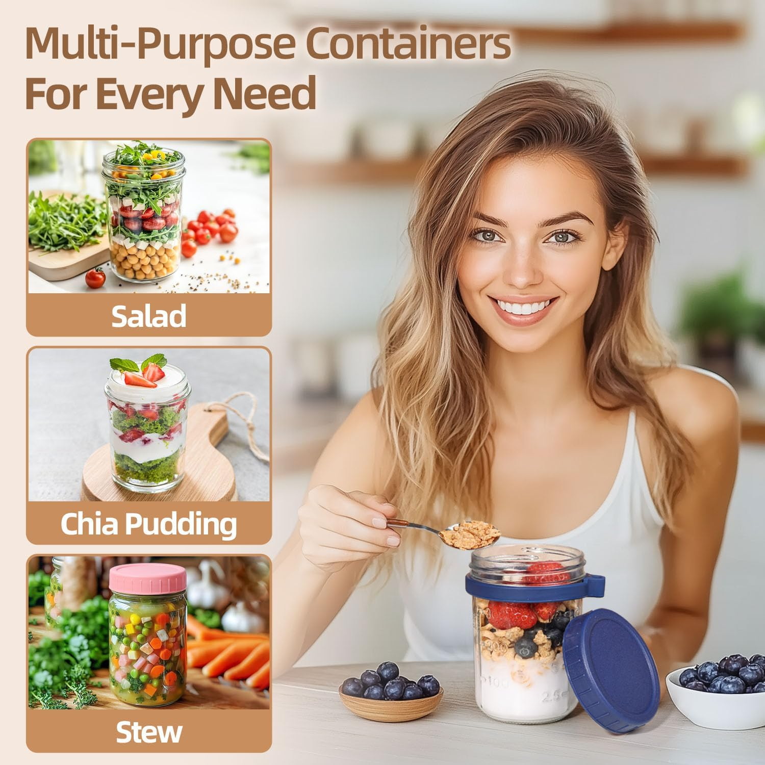 12 OZ Overnight Oats Jar Pack of 6, Airtight Glass Oatmeal Container with Spoon Overnight Oats Container with Lids for Milk, Cereal, Fruit image number 2