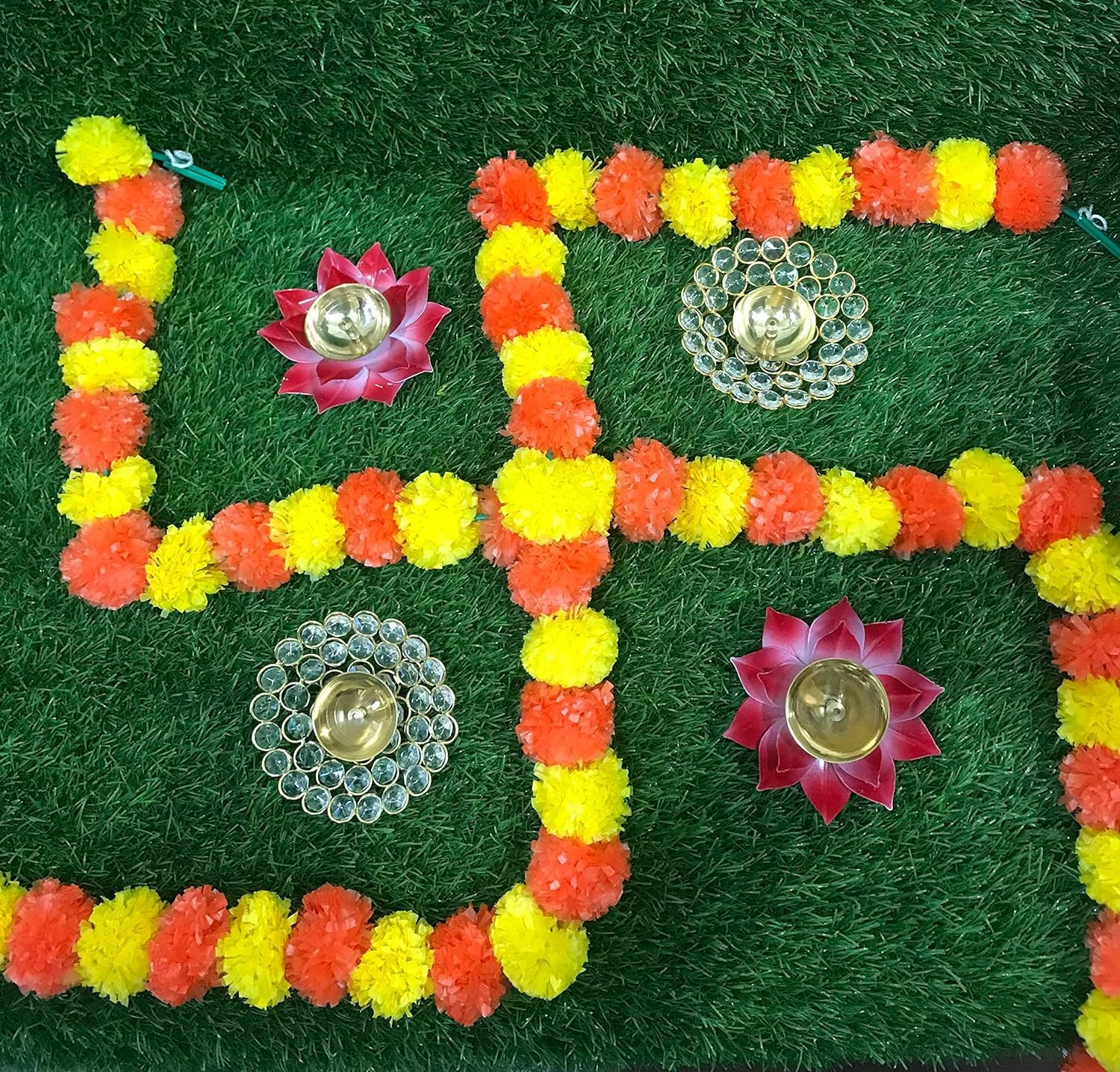 Artificial Flower Marigold Flower Garland 5 String Party Genda Phool Mala 5 Feet Long Each String for Home Decoration Diwali Dark Orange & Yellow