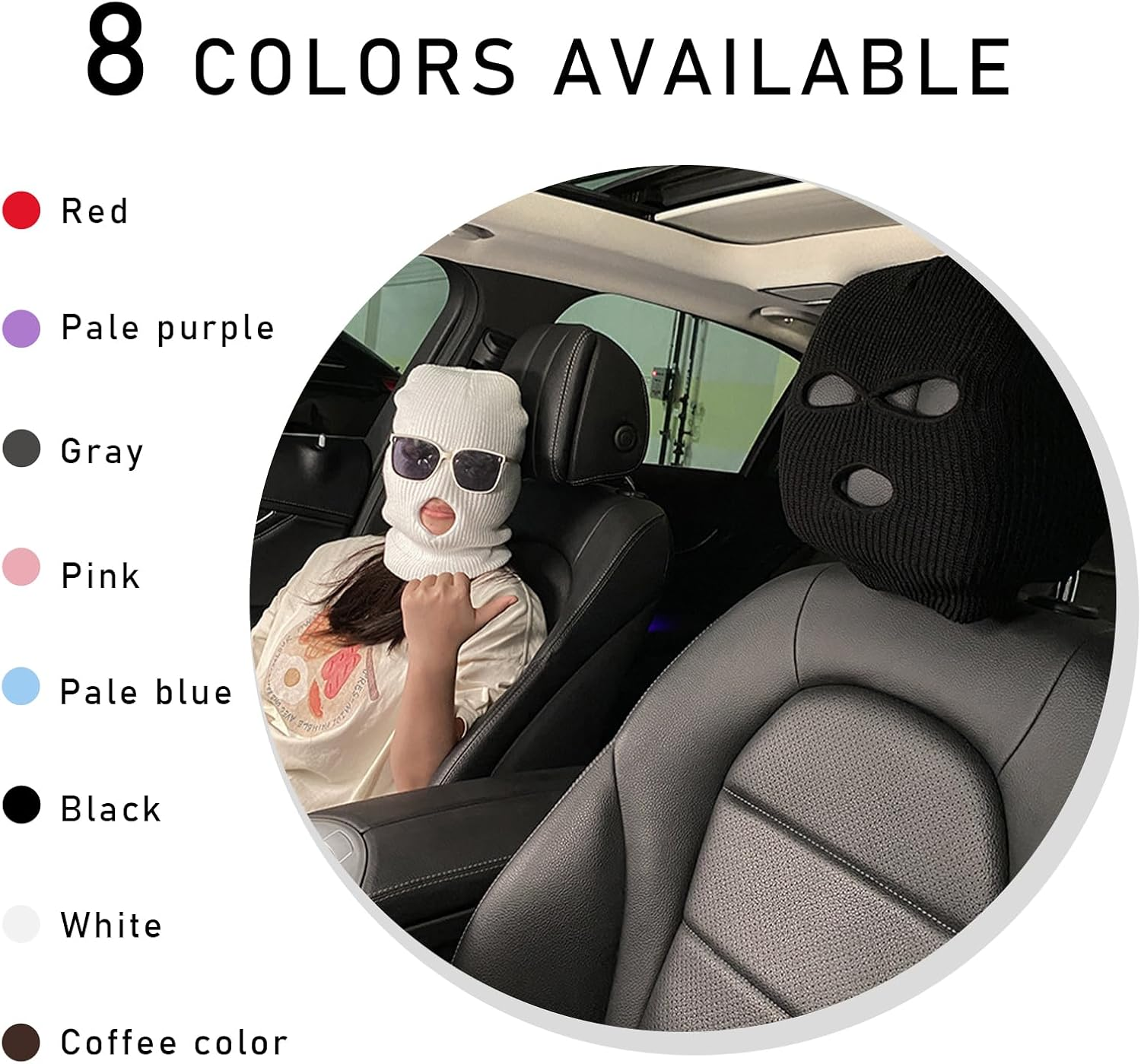 Yourkar 2 PCS Car Headrest Cover, Personalized Funny Hat for Car Seat Head Cover, Full Face Mask Design Headrest Protector for Car, Van, Truck, SUV, Universal Car Accessories (Black) - Black image number 3