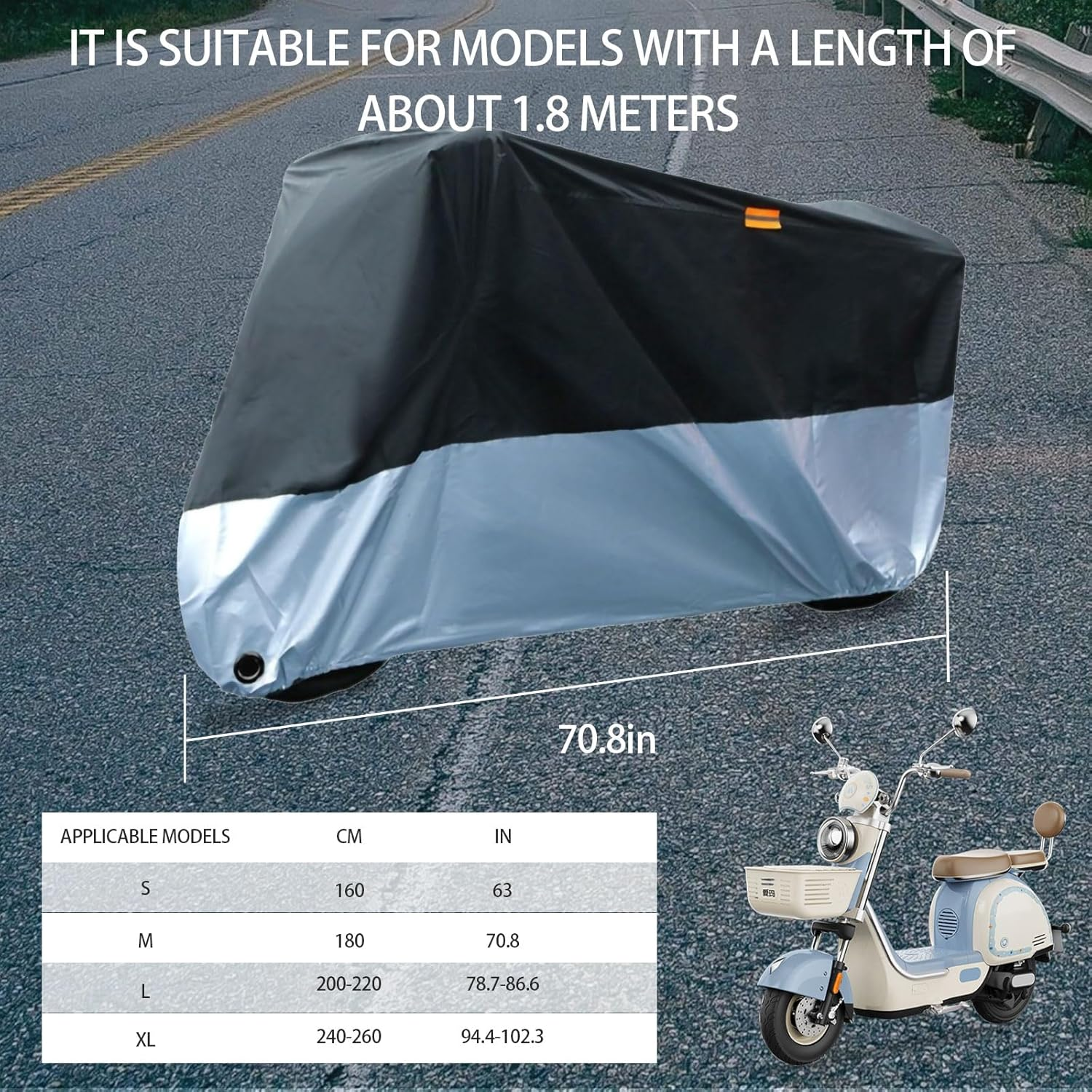 Motorcycle Cover - Waterproof & Sunproof, Durable Protection for Yamaha, Harley, Honda, Suzuki - Fits up to 63" (160 Cm), Black Silver, Size S image number 1