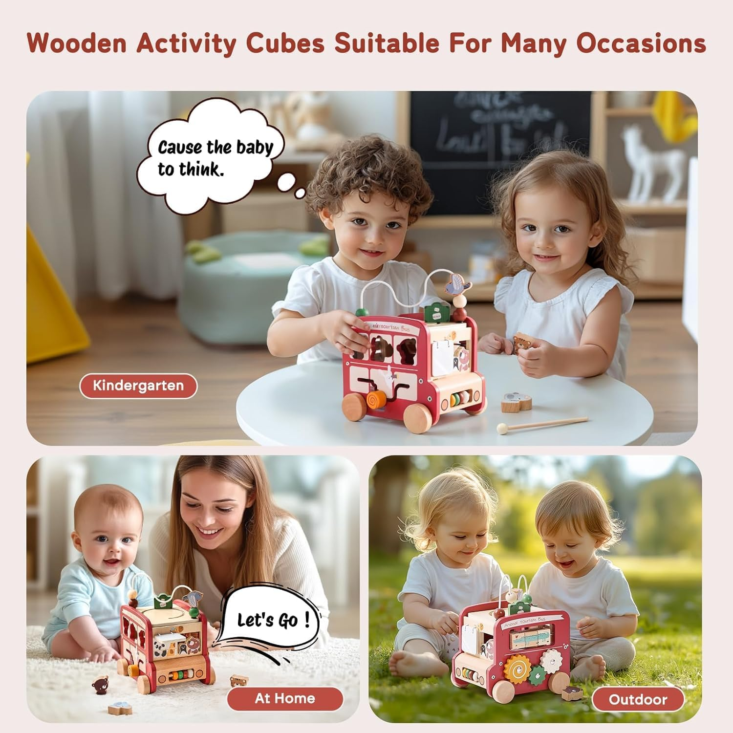 Wooden Activity Cube, 8-In-1 Montessori Toys with Animal Tourism Bus Theme, Multifunctional Early Educational Learning Toys Montessori Toys for 1 Year Old Boys Girl Oddlers Kids Birthday Gift (Red)