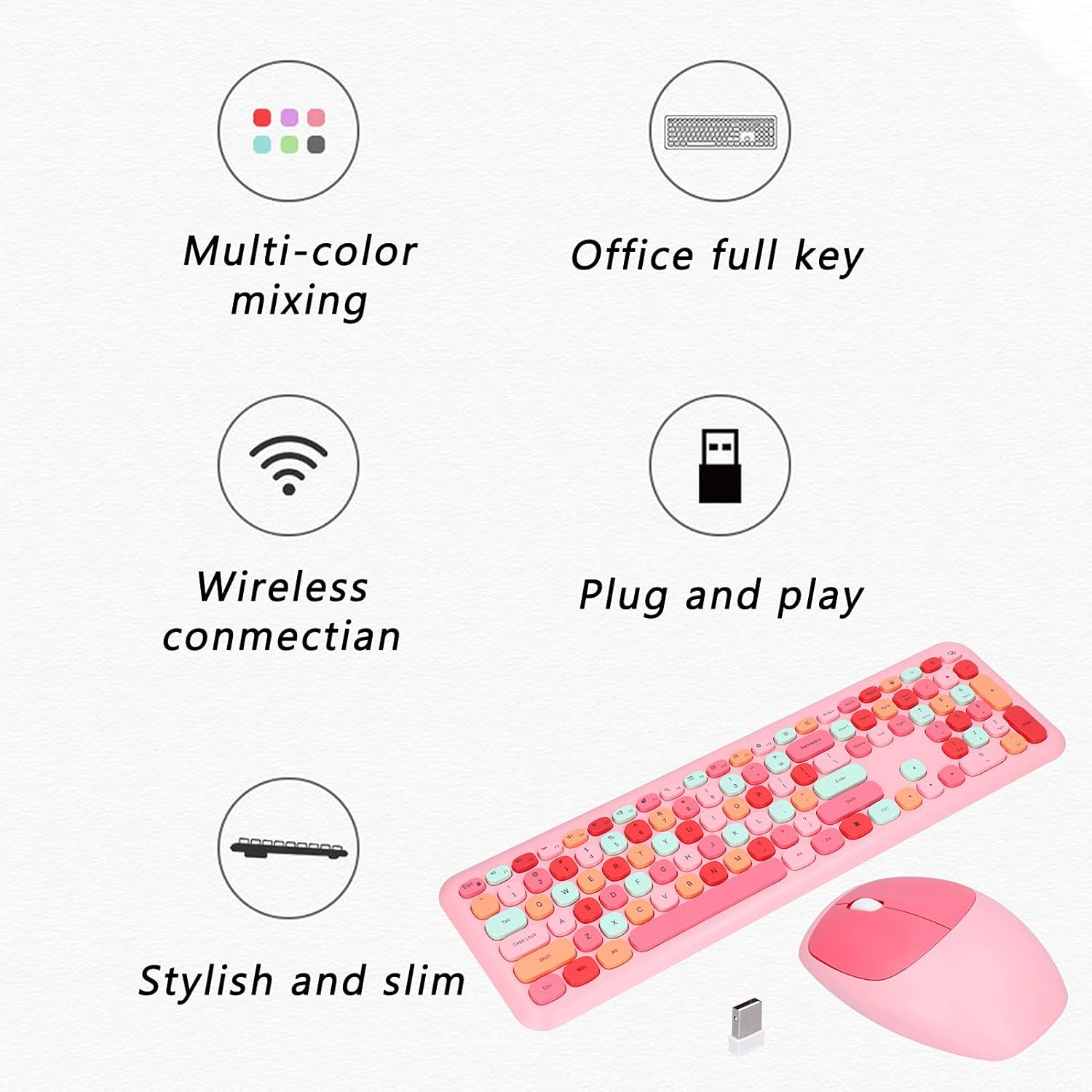 Wireless Keyboard and Mouse Set, Retro Style, Ergonomic Angle, Power Saving Technology, Multi Color, Mute Cover, for Home Office (Mixed Color Keyboard and Mouse Set) - Green Mixed Color Keyboard And Mouse Set image number 4