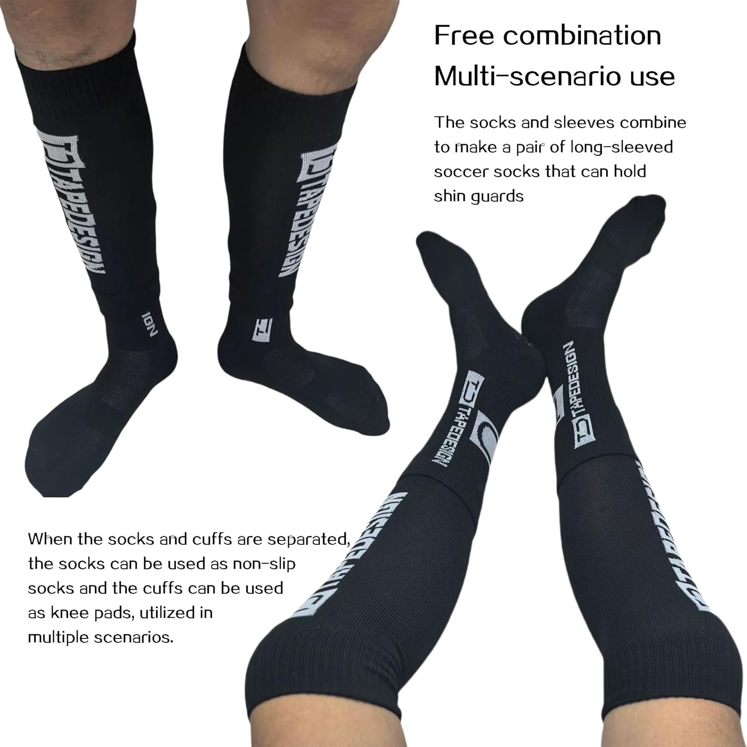 2 Pairs Soccer Socks＋Sleeve Stockings Set Combinations Leg Sleeve Football Grip Socks for Men and Women Non Slip Sports Socks for Training Athletic image number 3