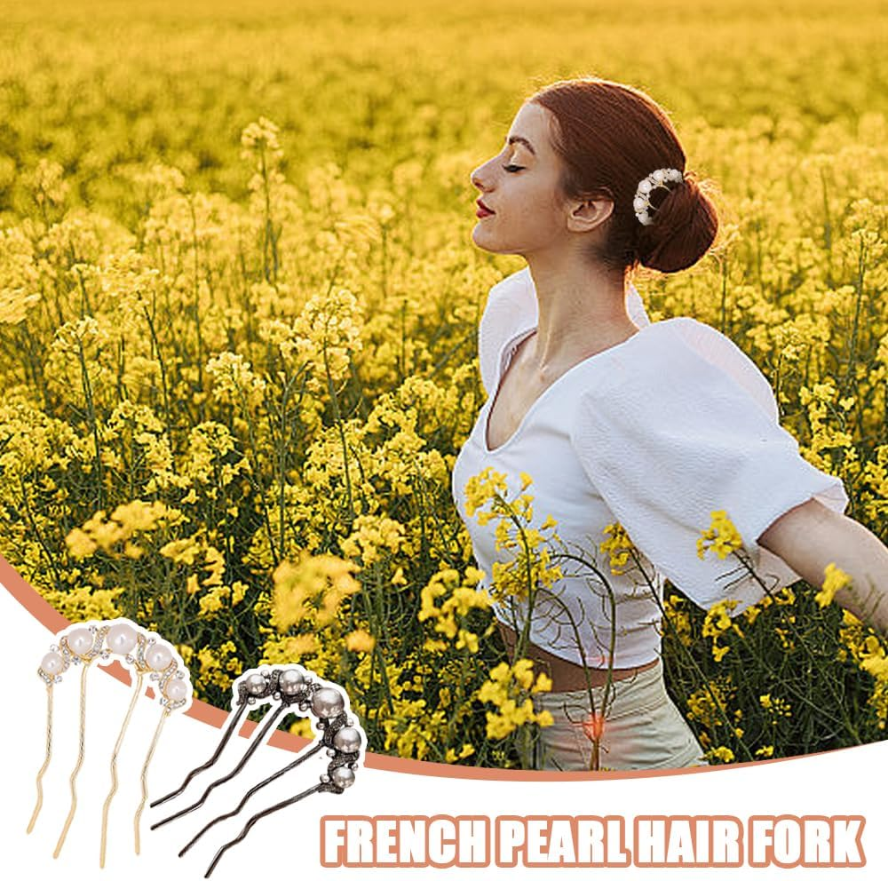 TRKETK Pack of 4 Beads Hair Pins in U Shape Women'S Pearl French Hair Clip Metal Hair Pin Vintage Hair Fork Clips for Women Weddings and Parties Thick Hair Bun Twist Hair Fork image number 1